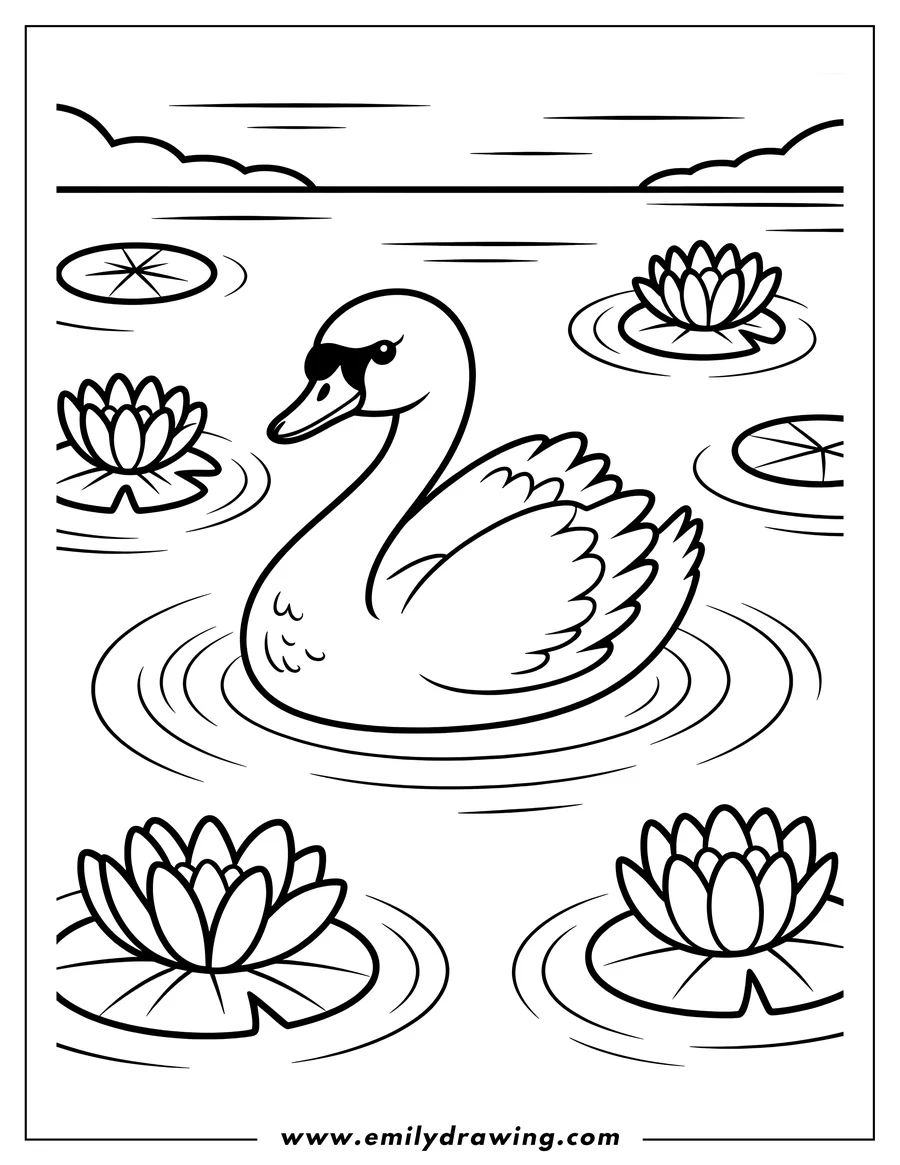 Outline of a swan swimming on a pond amongst lily pads.