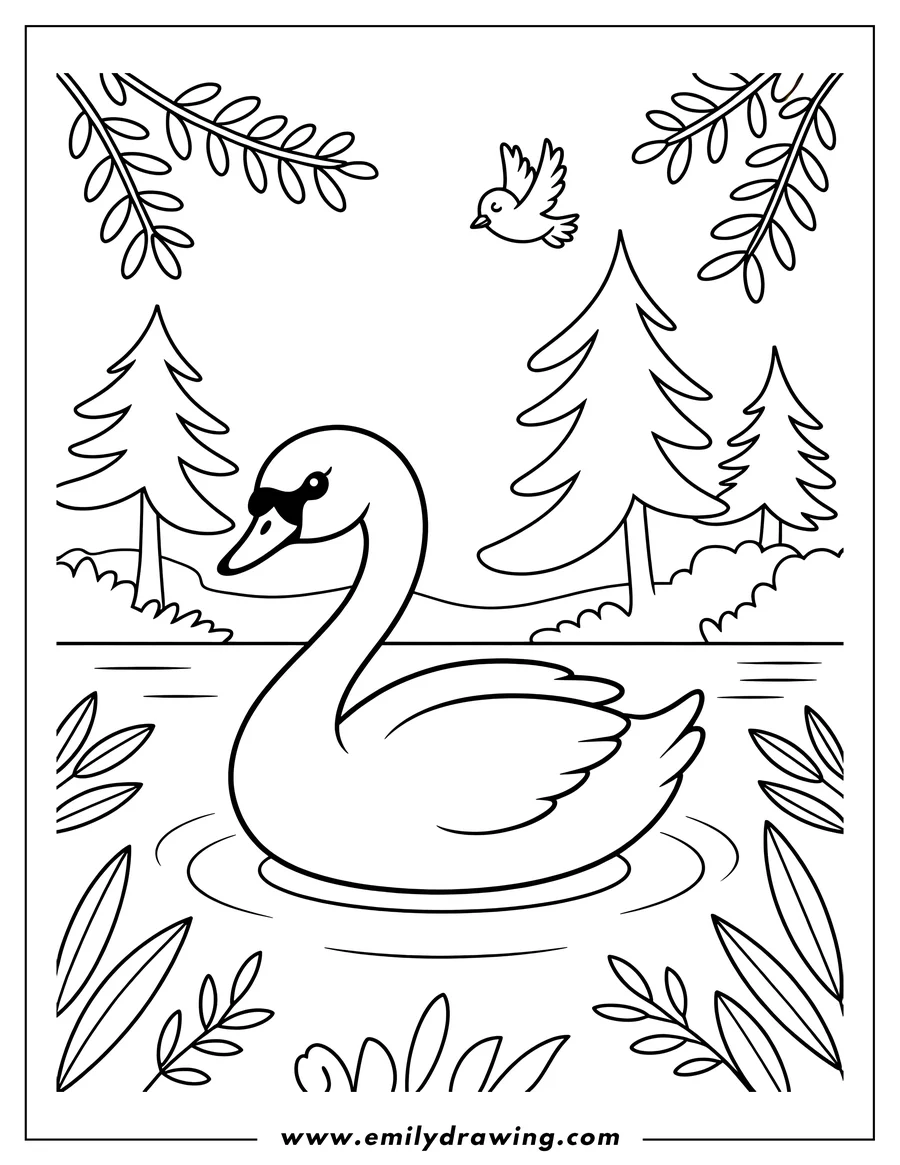 Outline of a swan swimming serenely on a lake. A small bird flies overhead, and pine trees line the shore.