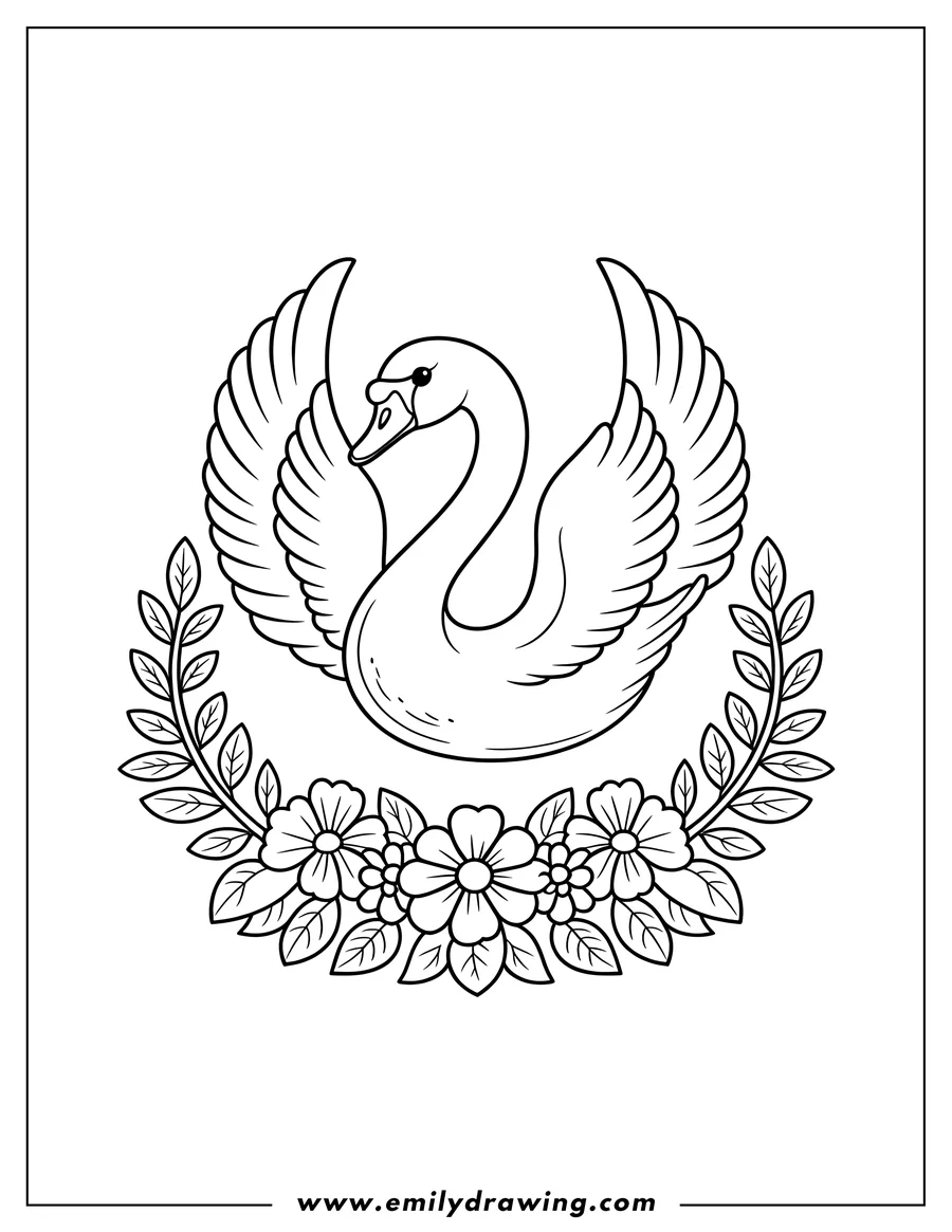 Line art of a swan with outstretched wings. It's centered above a small wreath of flowers.