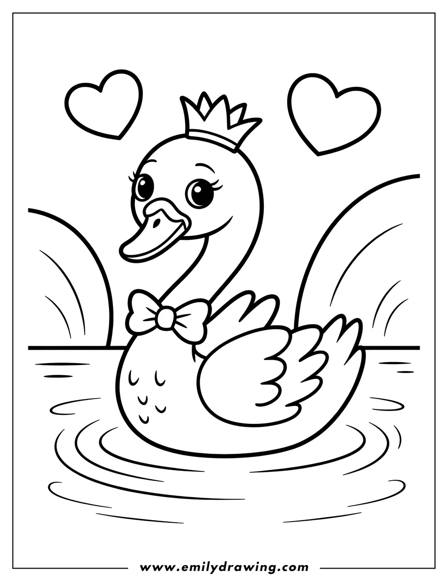 Outline of a swan princess wearing a crown and bow, floating serenely on water.