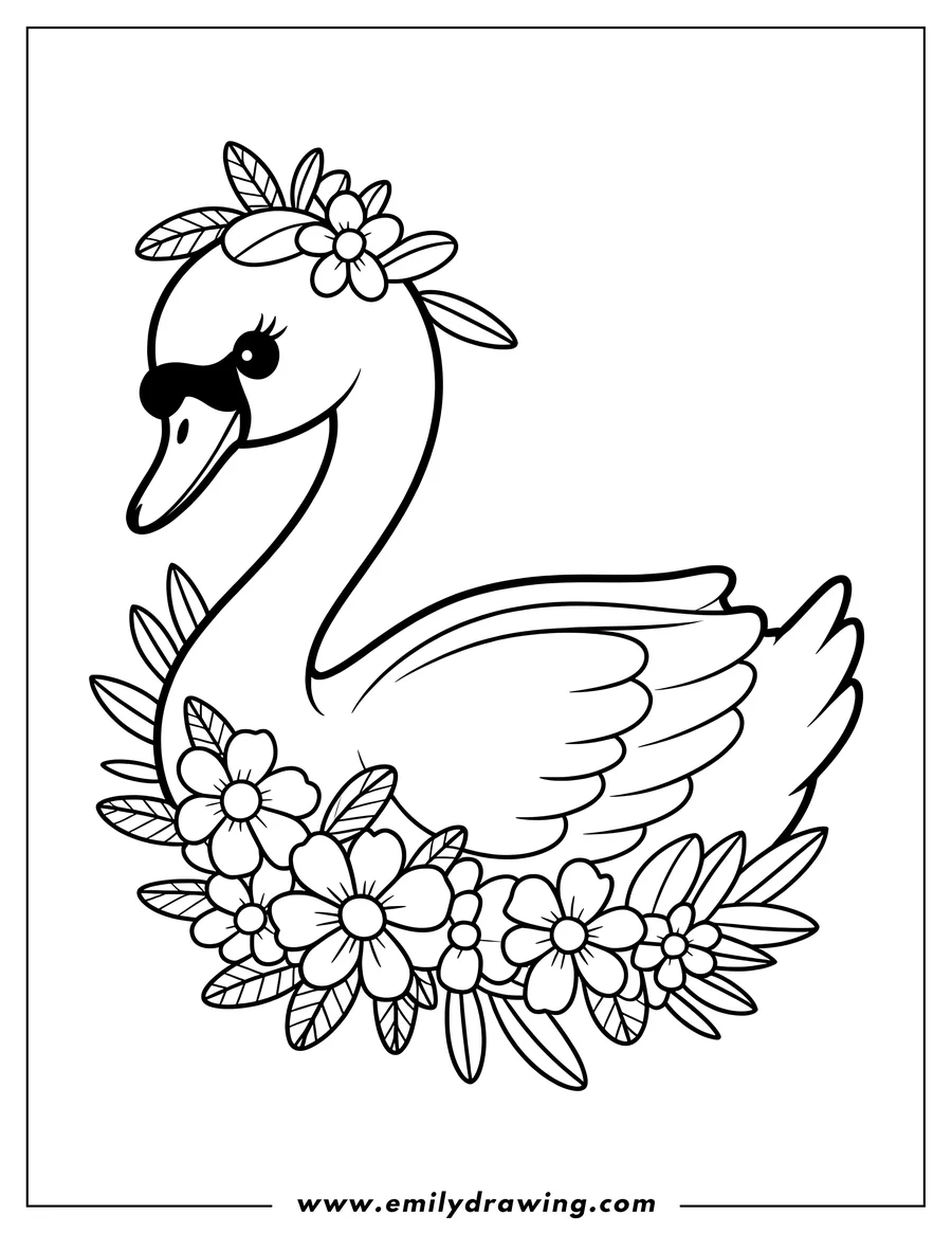 Outline of a swan wearing a crown of flowers. It's surrounded by more flowers and leaves, creating a decorative frame.