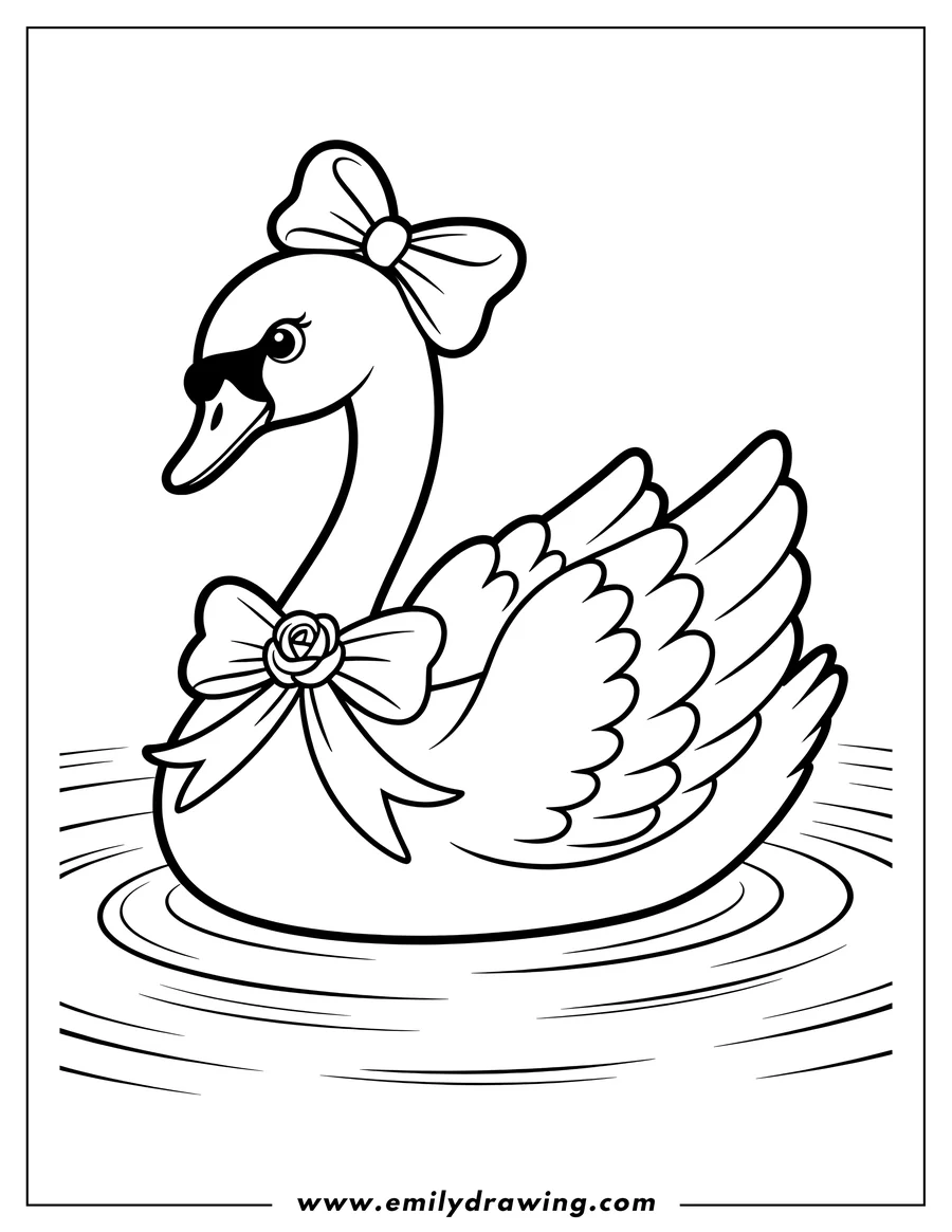 Line art of a swan wearing a bow with a rose and sunglasses, floating on water.