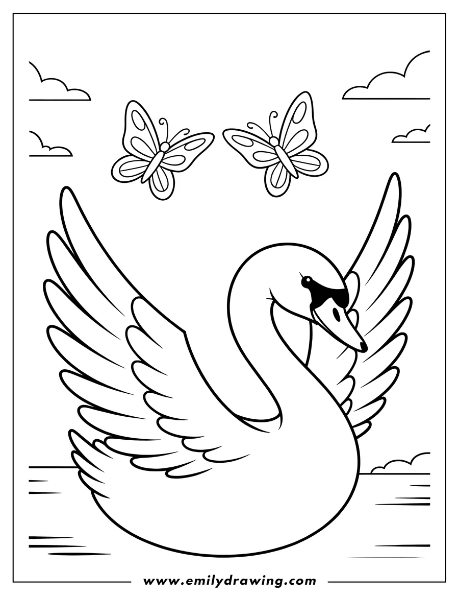 Outline of a swan with outstretched wings, floating on water with two butterflies flying above.