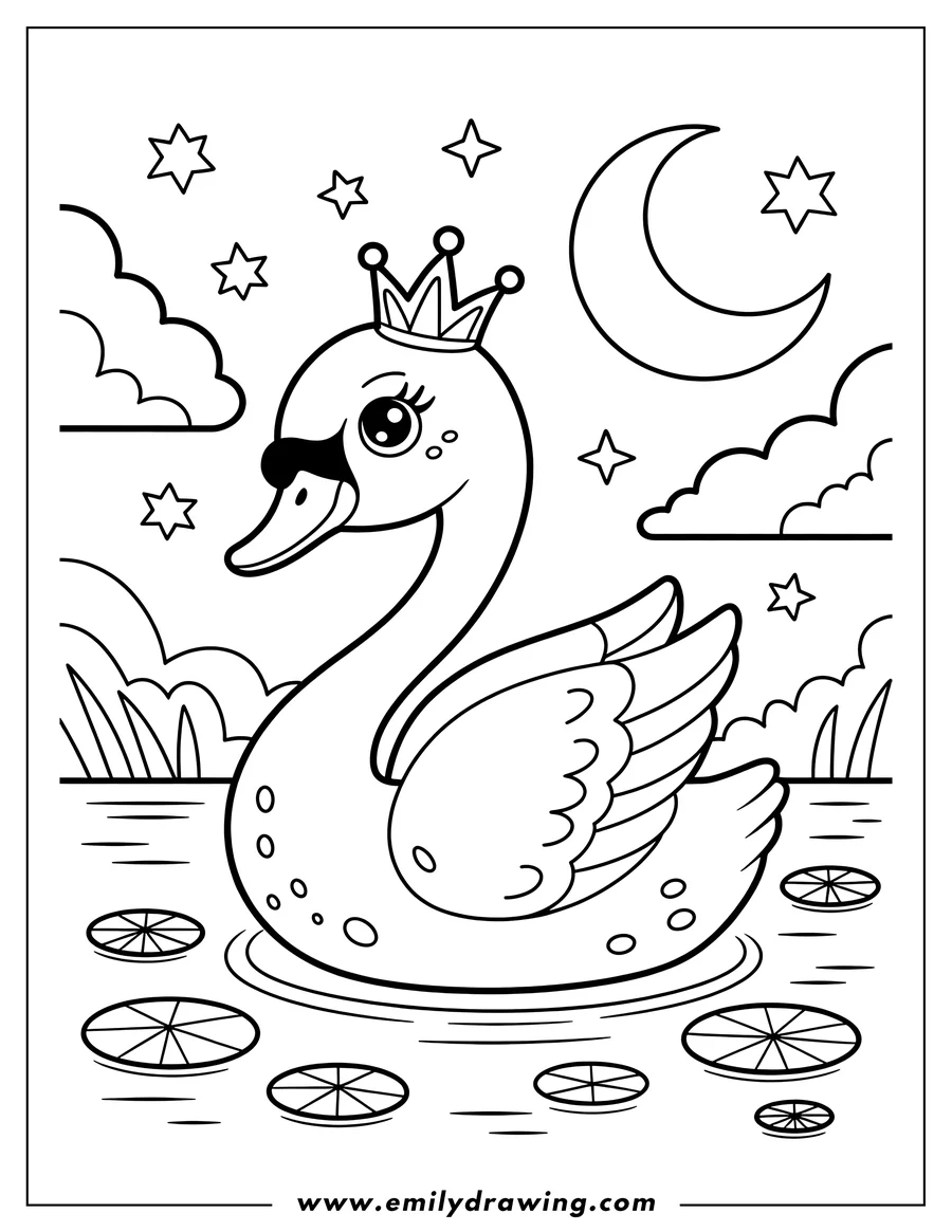 Outline of a swan wearing a crown, swimming on water at night under the moon and stars. Lily pads are visible in the water around the swan.