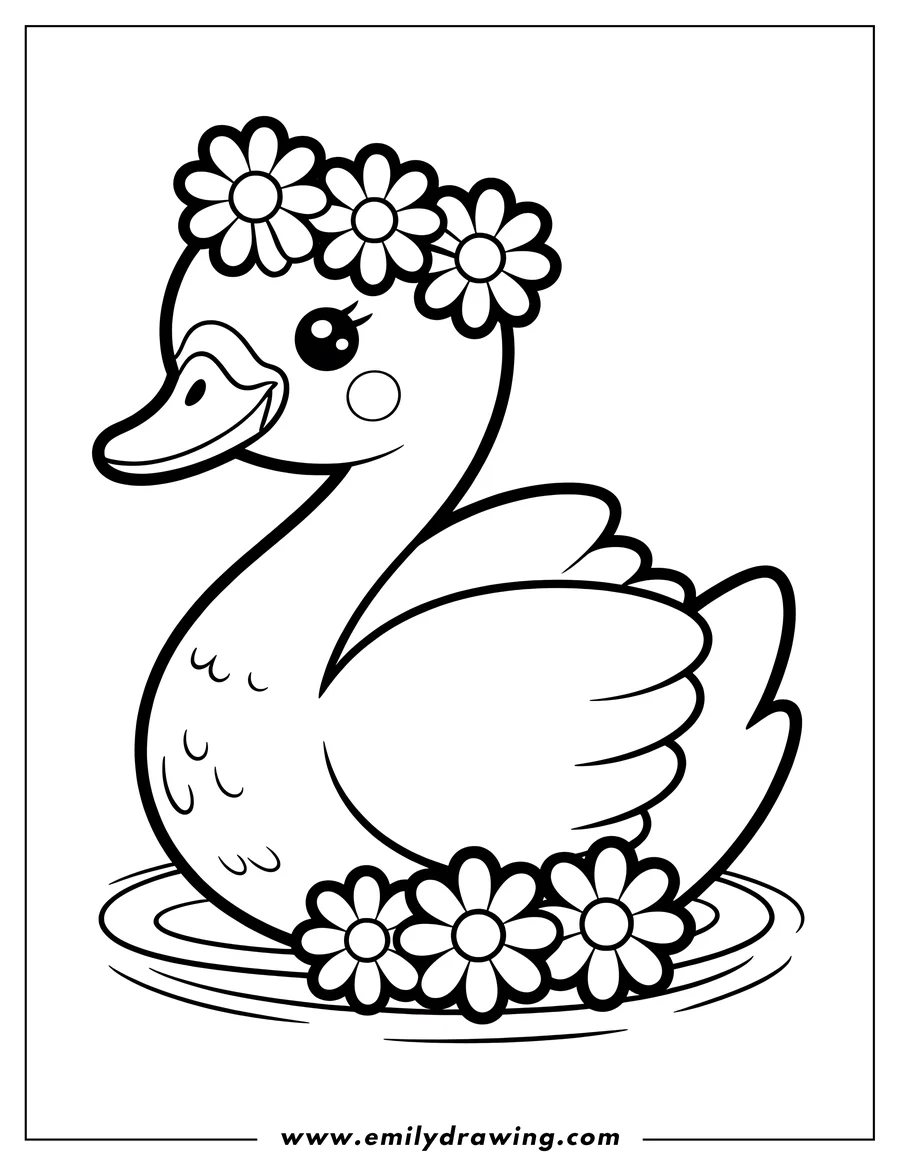 Outline of a swan wearing a crown of daisies and floating on water with more daisies around it.