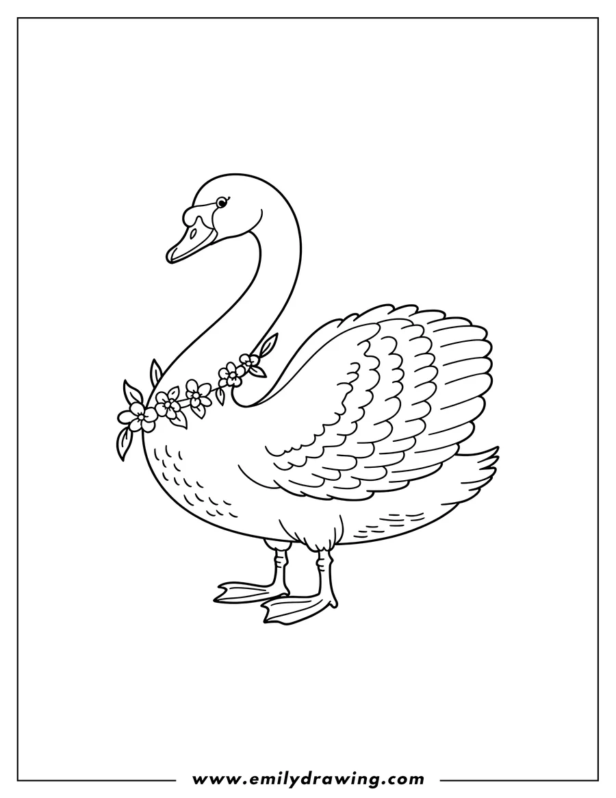 Line art of a swan wearing a garland of flowers around its neck.