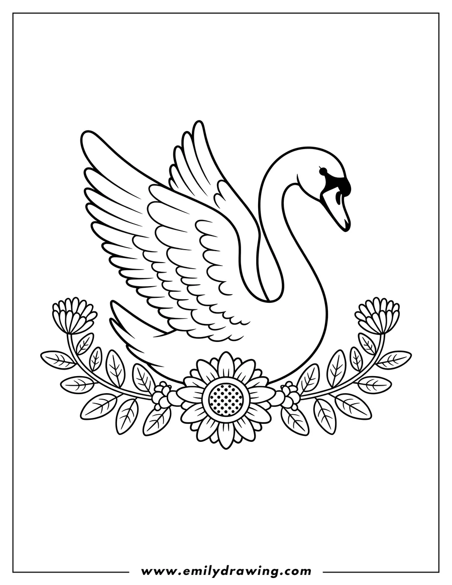 Line art of a swan with outstretched wings above a garland of flowers.