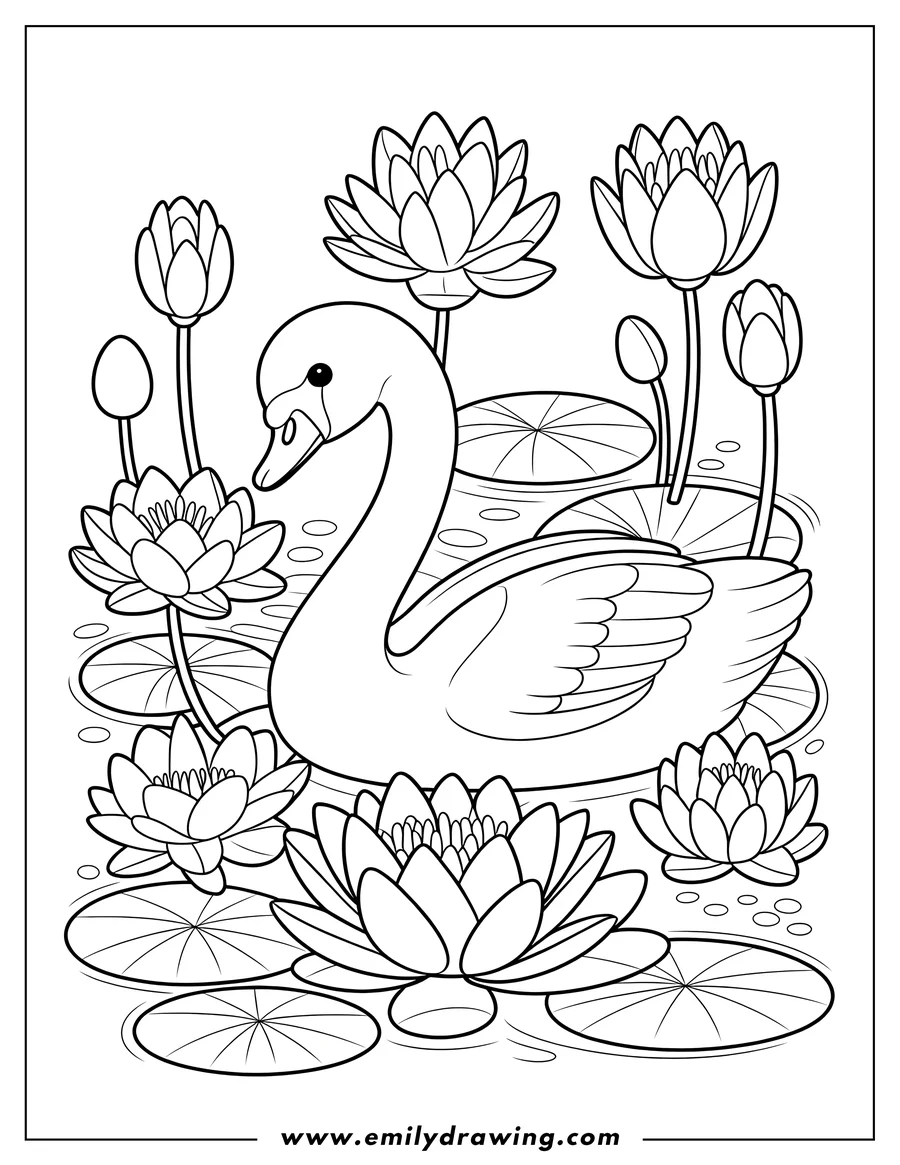 Outline of a swan swimming serenely among water lilies and lily pads in a pond.