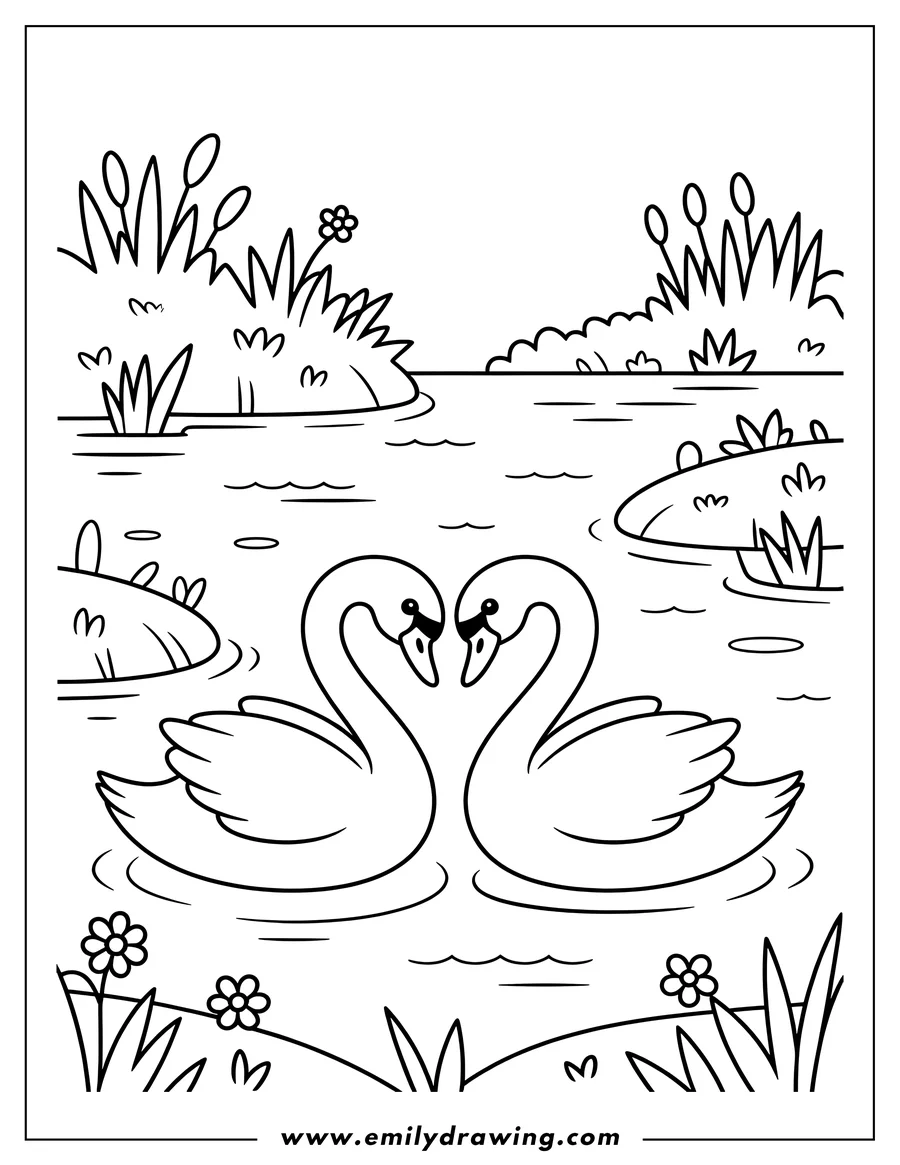 Two swans with their necks curved, forming a heart shape on a lake. Flowers and grass grow along the banks.