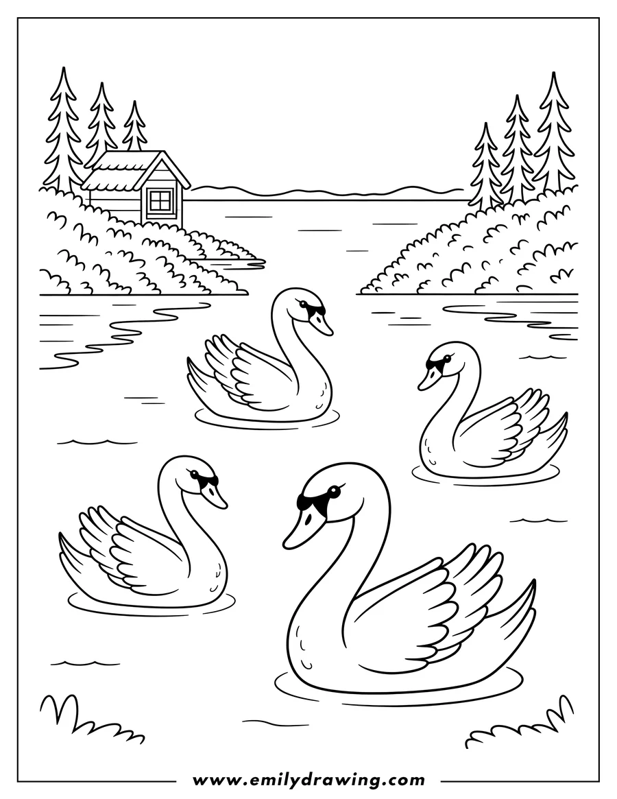 Four swans swimming on a lake with a small cabin and trees in the background.
