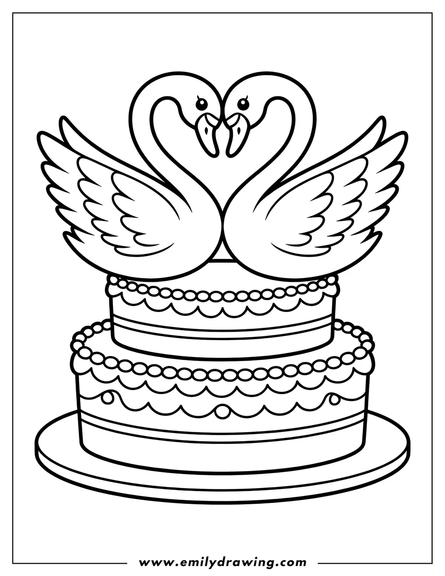 Outline of two swans sitting on top of a two-tiered wedding cake. The swans' necks are curved to form a heart shape.