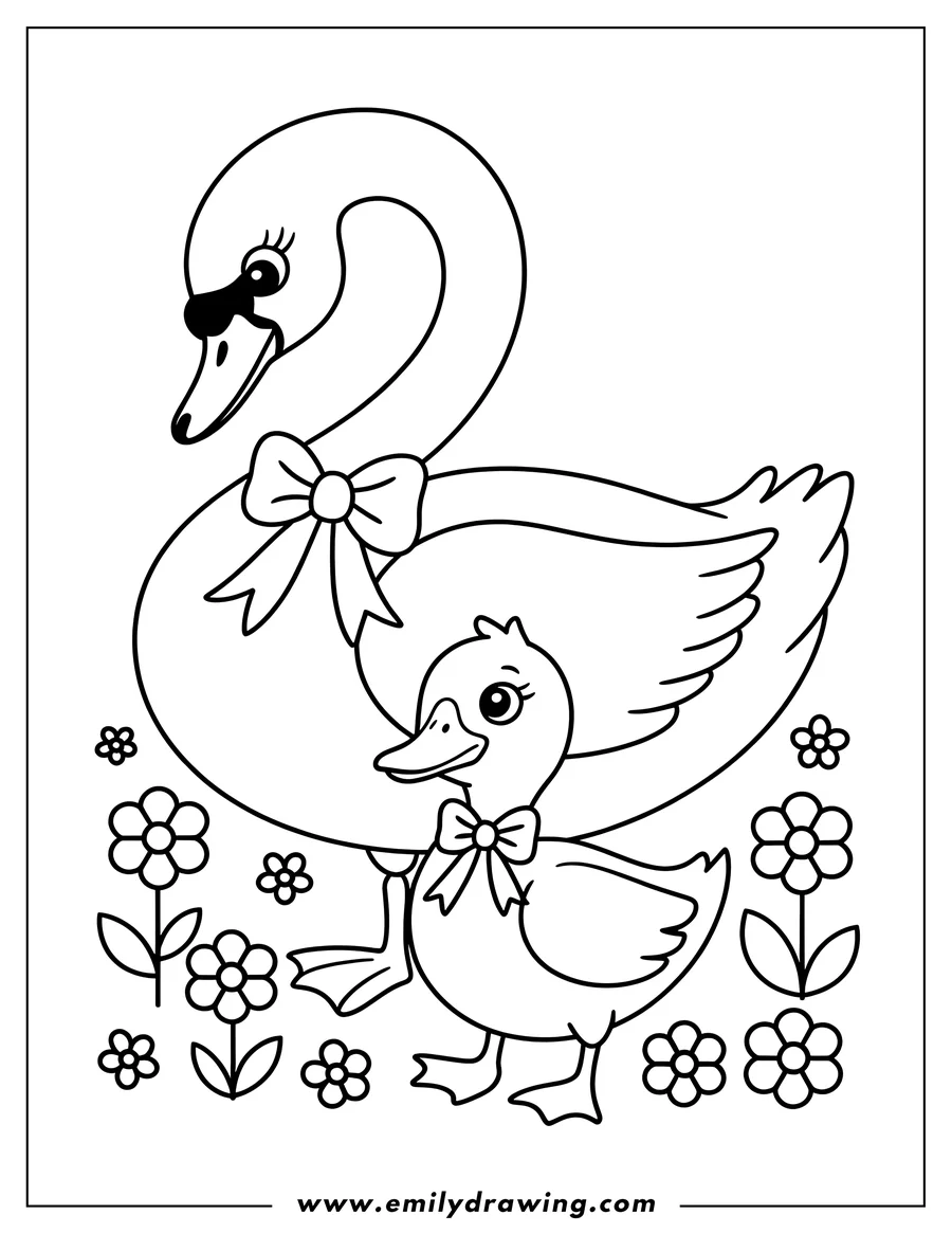 Outline of two swans, one large and one small, each wearing a bow around their necks, standing amongst small flowers.