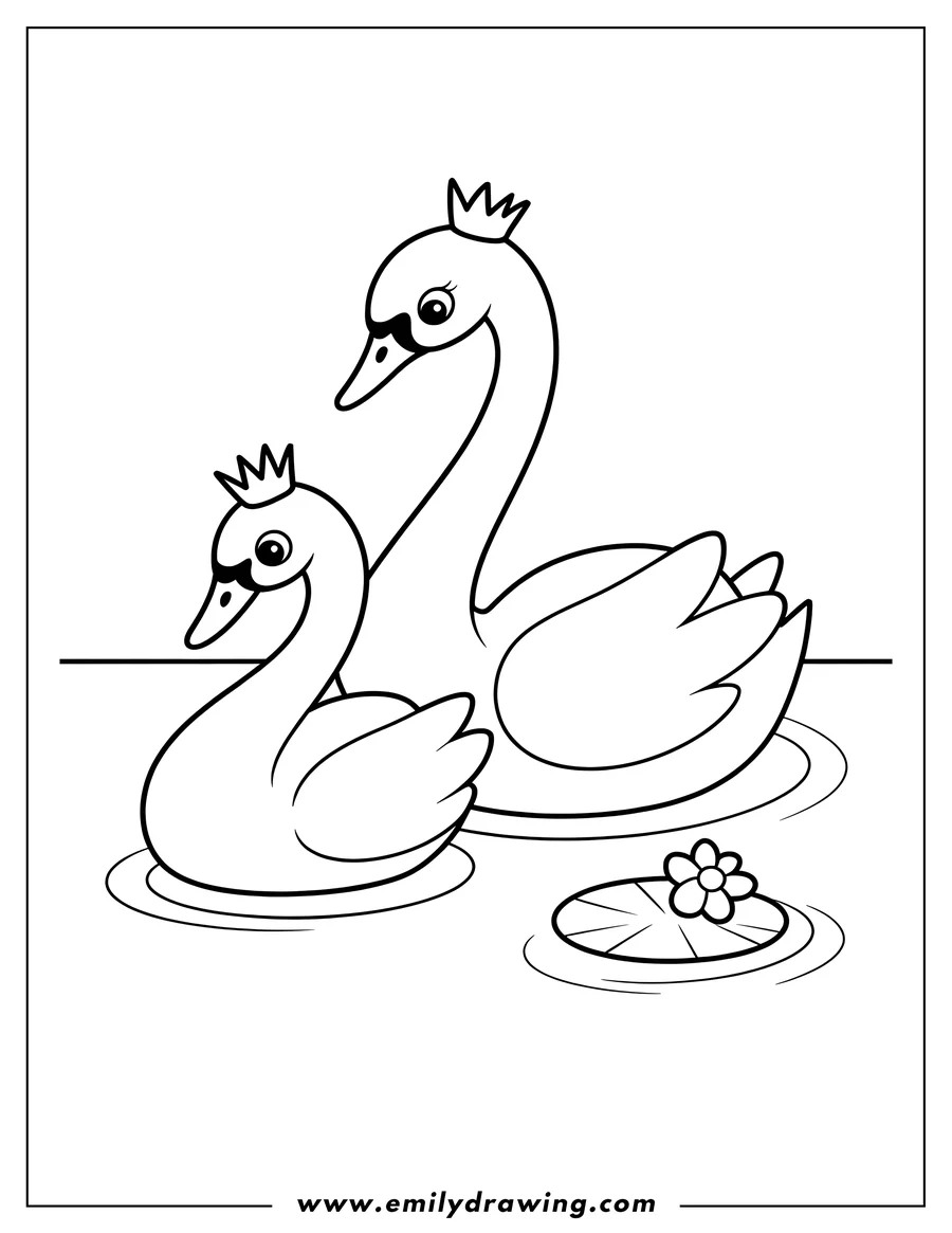 Outline of two swans wearing crowns, swimming in a pond with a lily pad and flower.