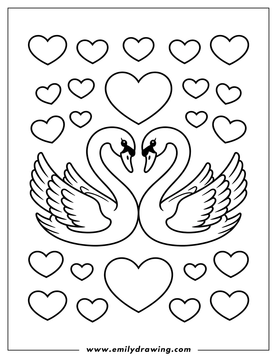 Two swans form a heart shape with their necks, surrounded by floating hearts.