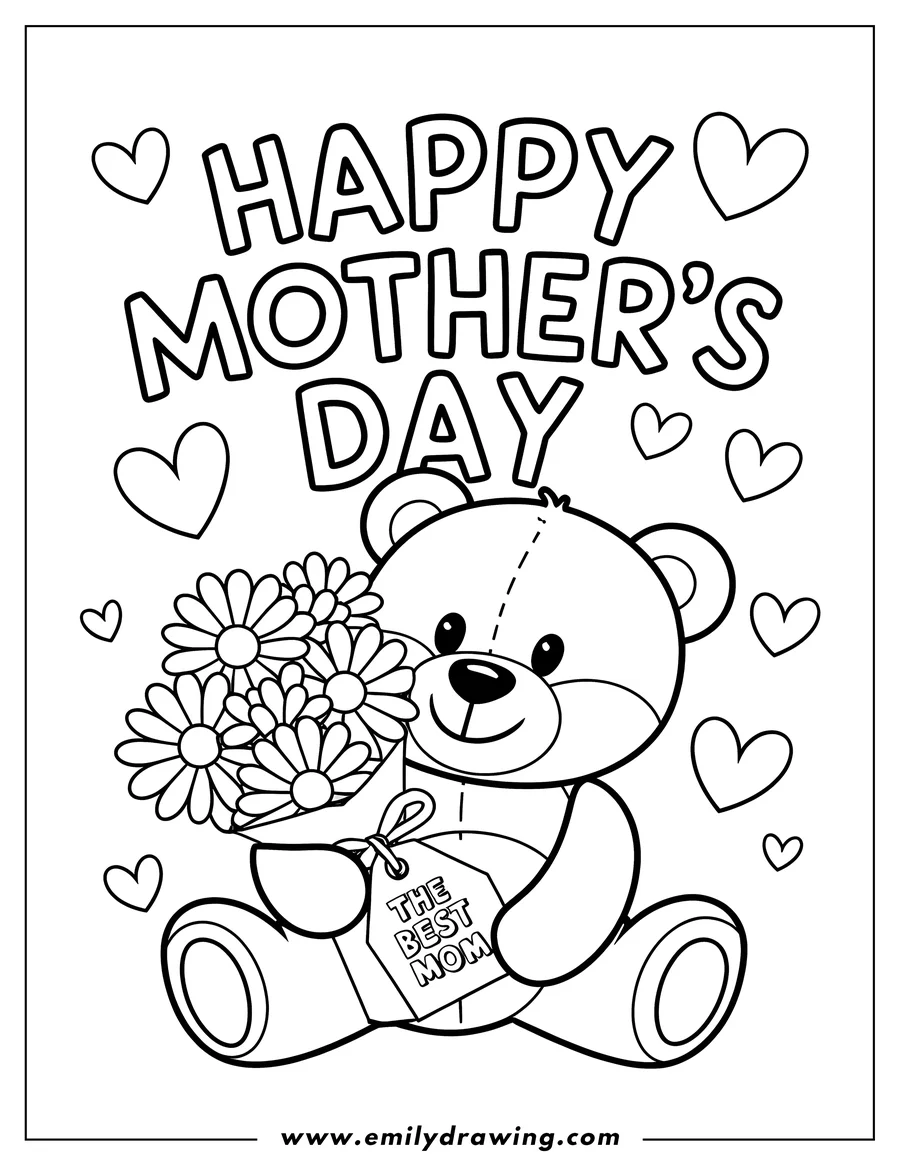 Line art of a teddy bear holding a bouquet of daisies with a tag that says