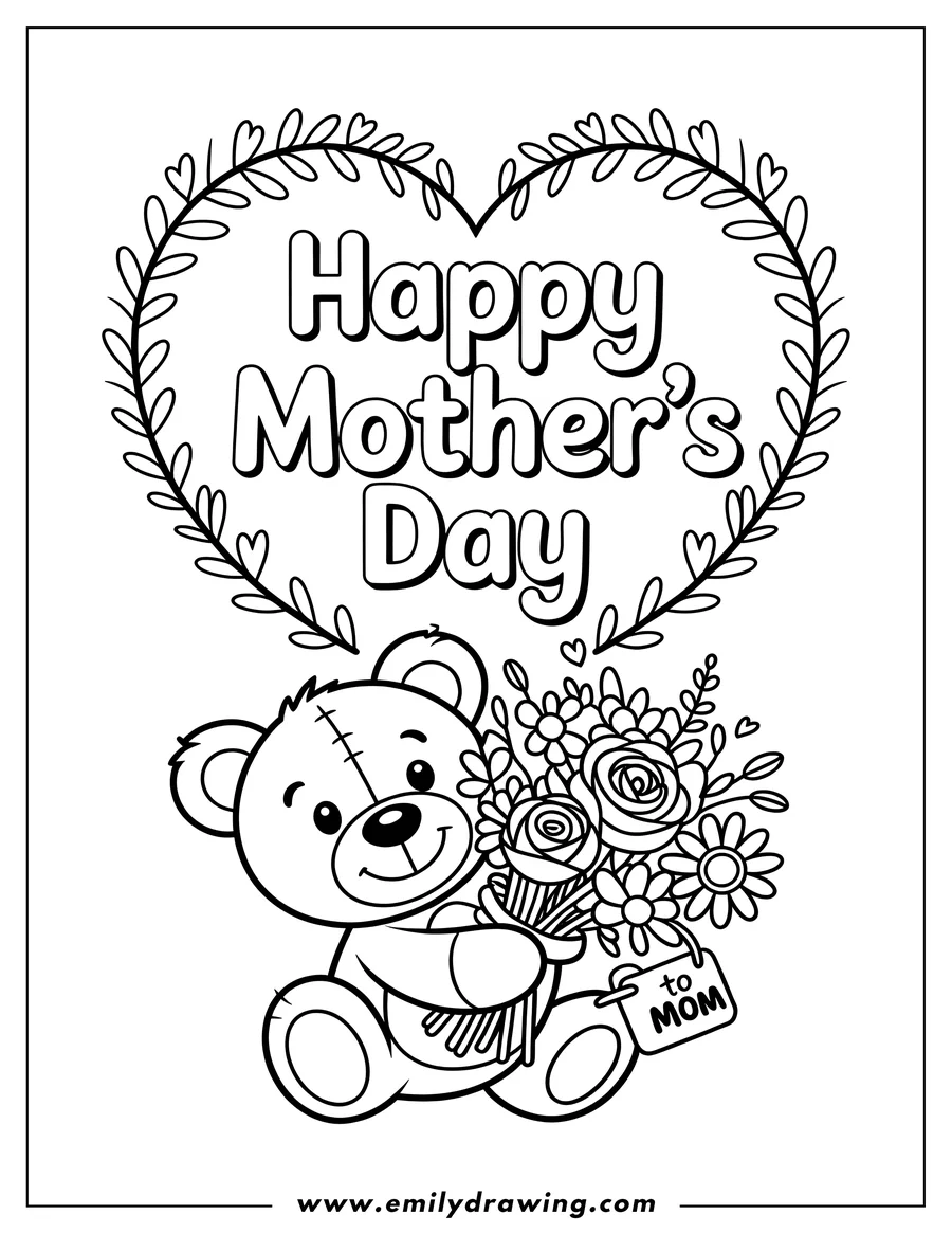 A teddy bear holding a bouquet of flowers with a