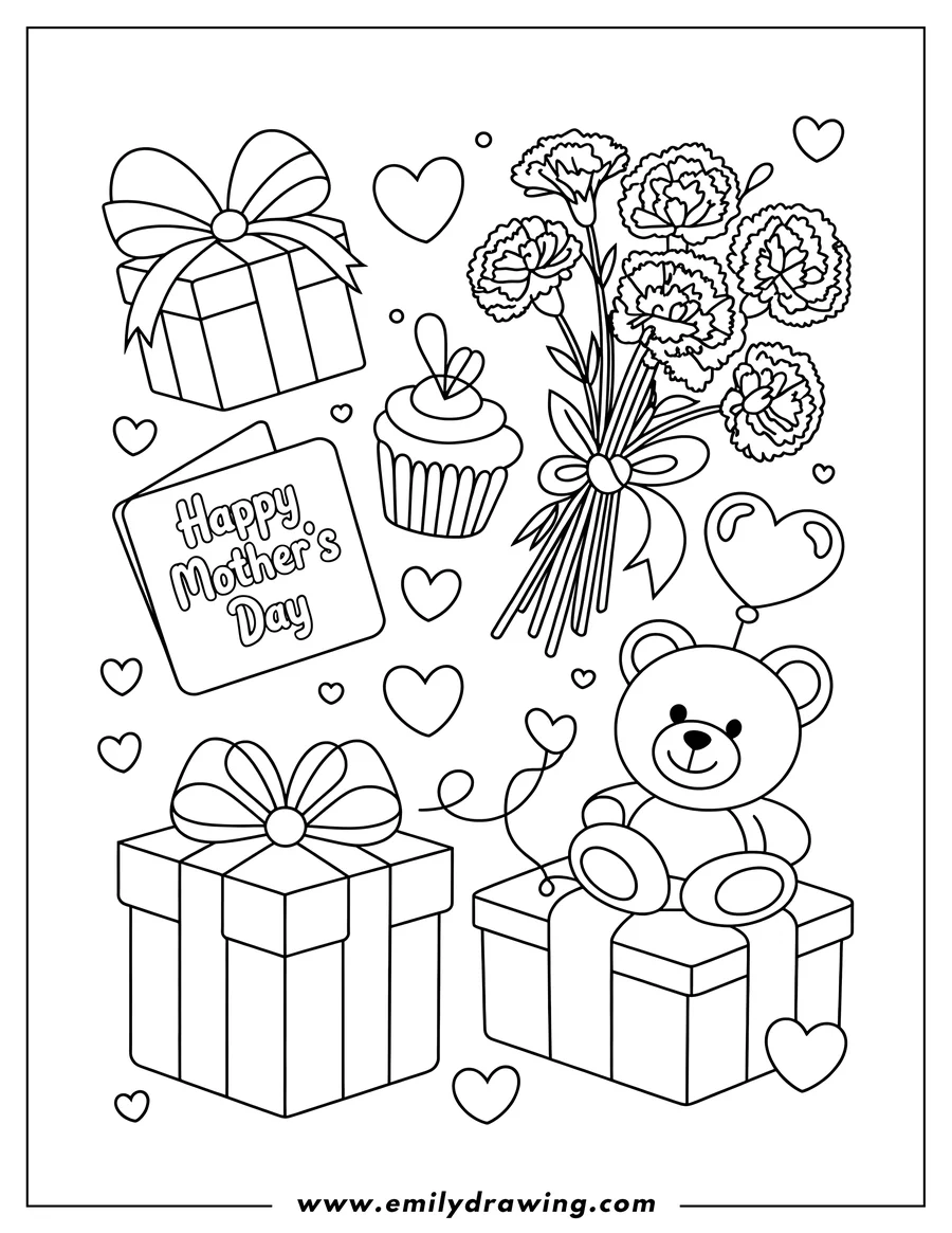 Outline of a teddy bear sitting on Mother's Day gifts, including a bouquet of carnations, a cupcake, presents, a card, and a heart-shaped balloon