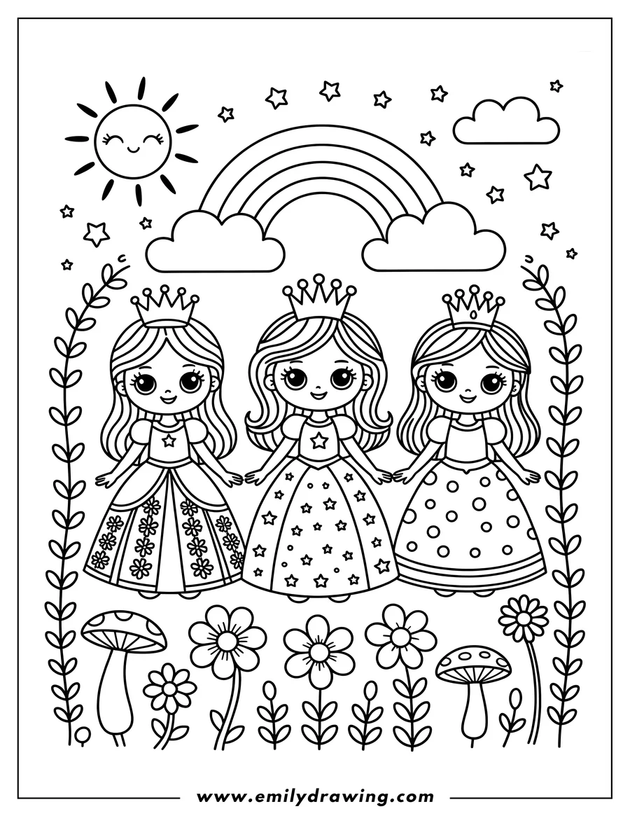 Outline of three princesses standing in a garden with flowers, mushrooms, and a rainbow overhead.