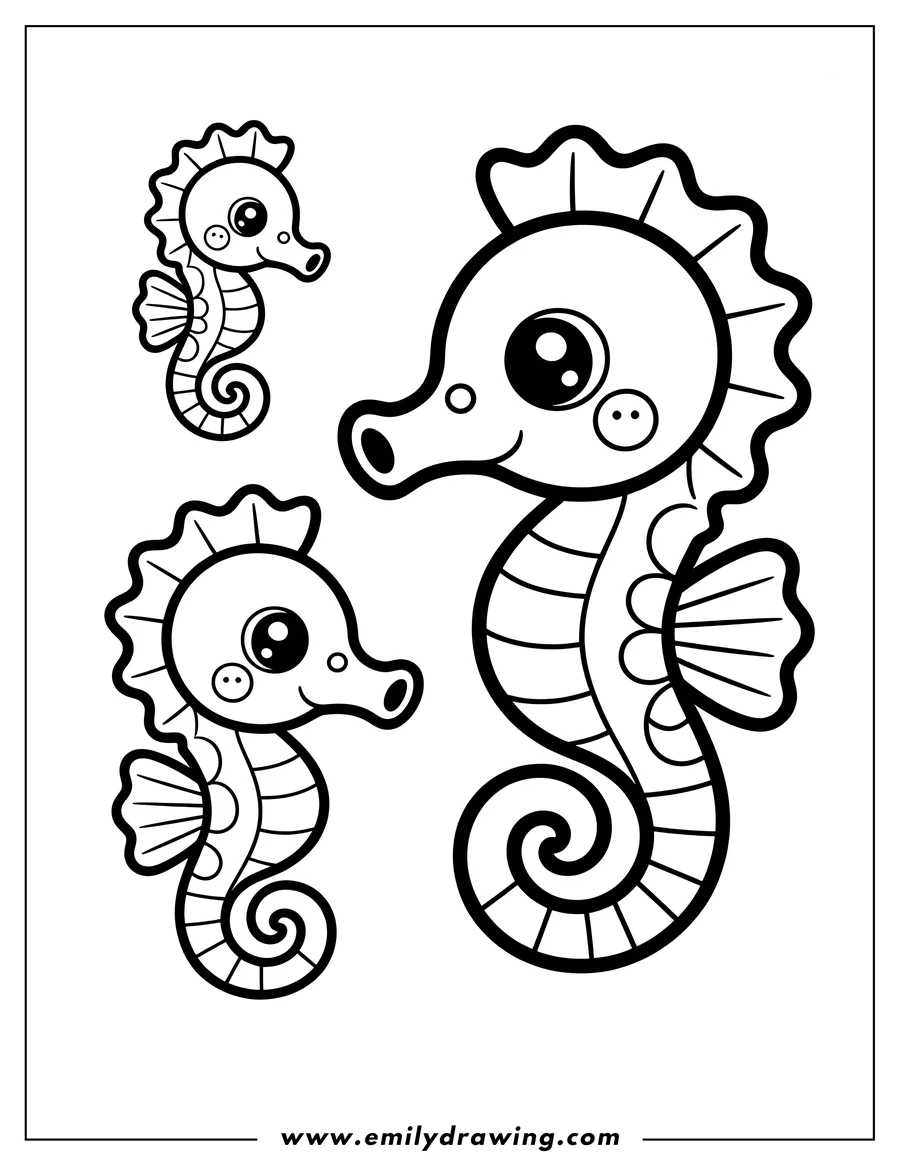 Line art of three seahorses, one large, one medium, and one small, ready to be colored.