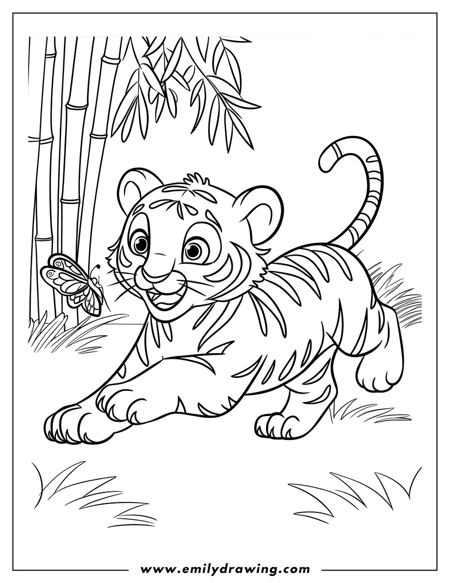 Outline of a playful tiger cub near a butterfly and bamboo stalks.
