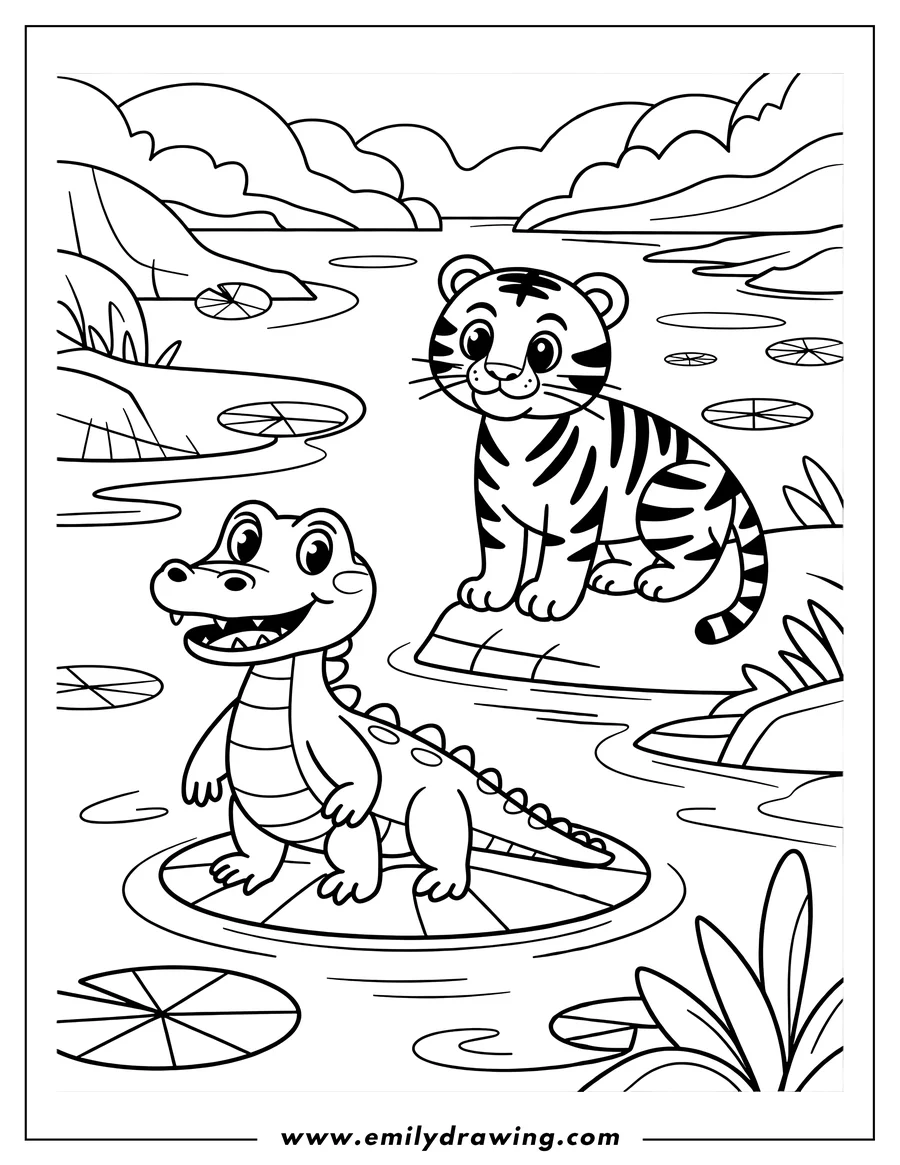 Outline of a tiger cub sitting by a river and a crocodile standing on a lily pad.