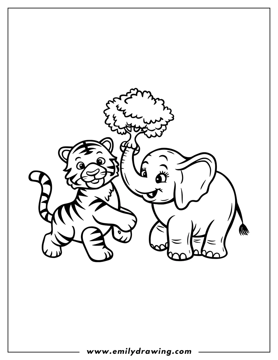 Outline of a tiger cub and a baby elephant with a small tree between them.