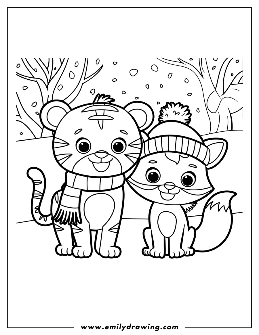 Line art of a tiger cub wearing a scarf and a fox cub wearing a winter hat, standing together in a snowy forest.