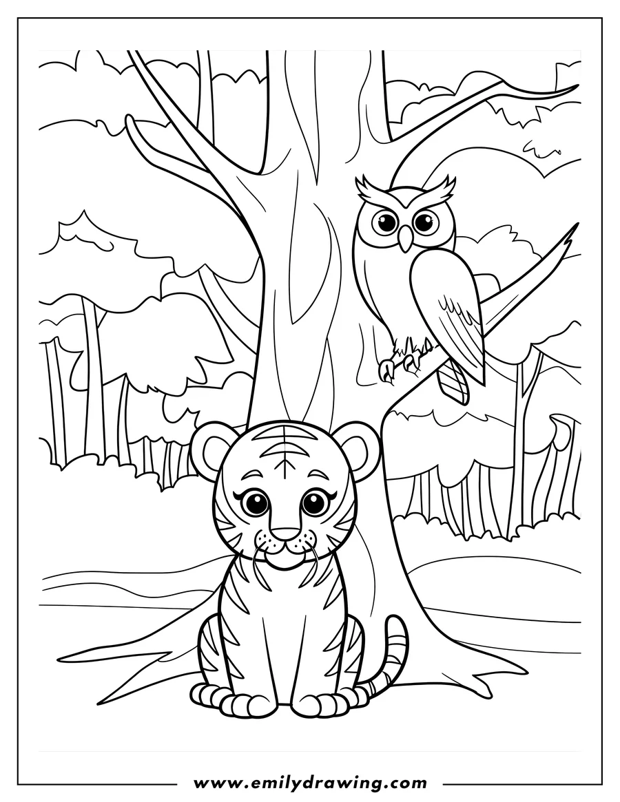 Outline of a tiger cub sitting at the base of a tree with an owl perched on a branch, in a forest setting.