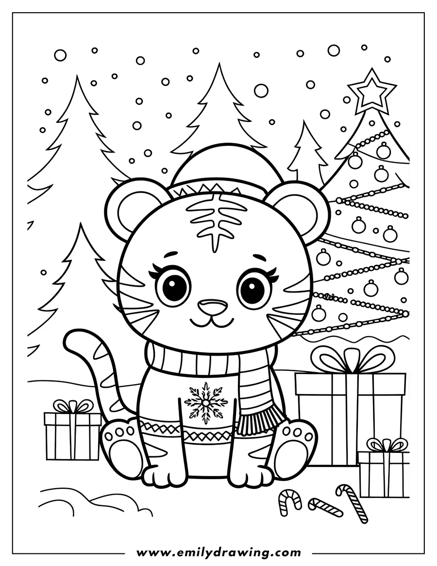 Outline of a tiger cub wearing a winter hat, sweater, and scarf sitting by a decorated Christmas tree with presents and candy canes.