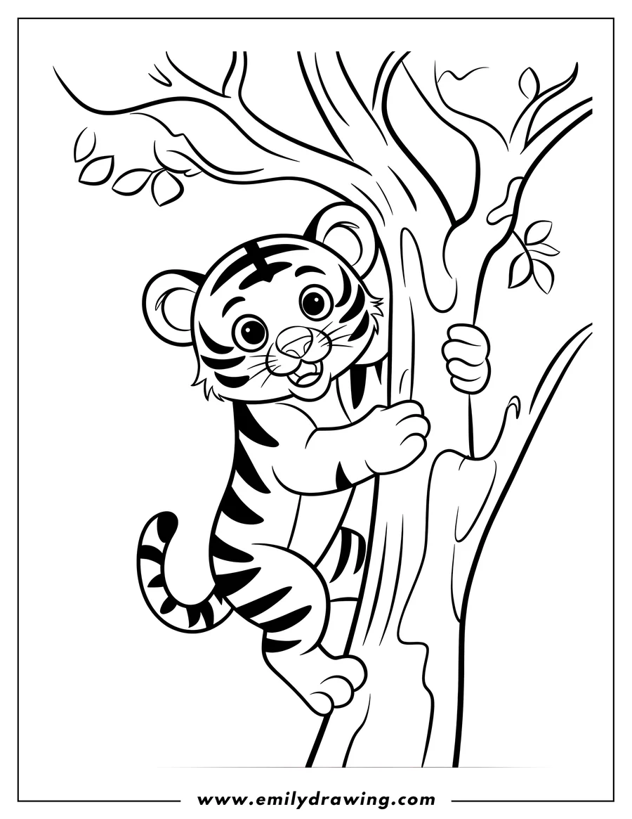 Line art of a smiling tiger cub climbing a tree.