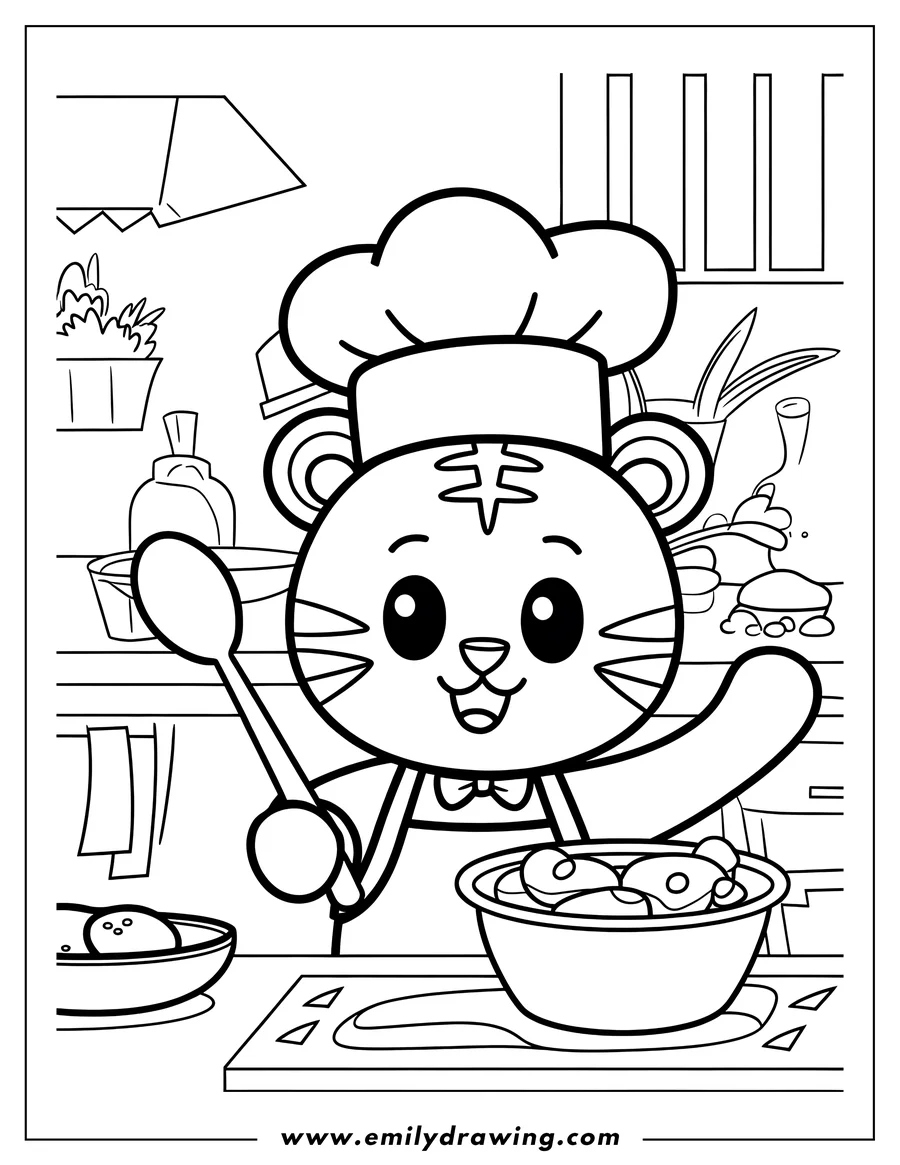 Outline of a tiger cub wearing a chef's hat and apron, stirring a bowl of soup in a kitchen setting.