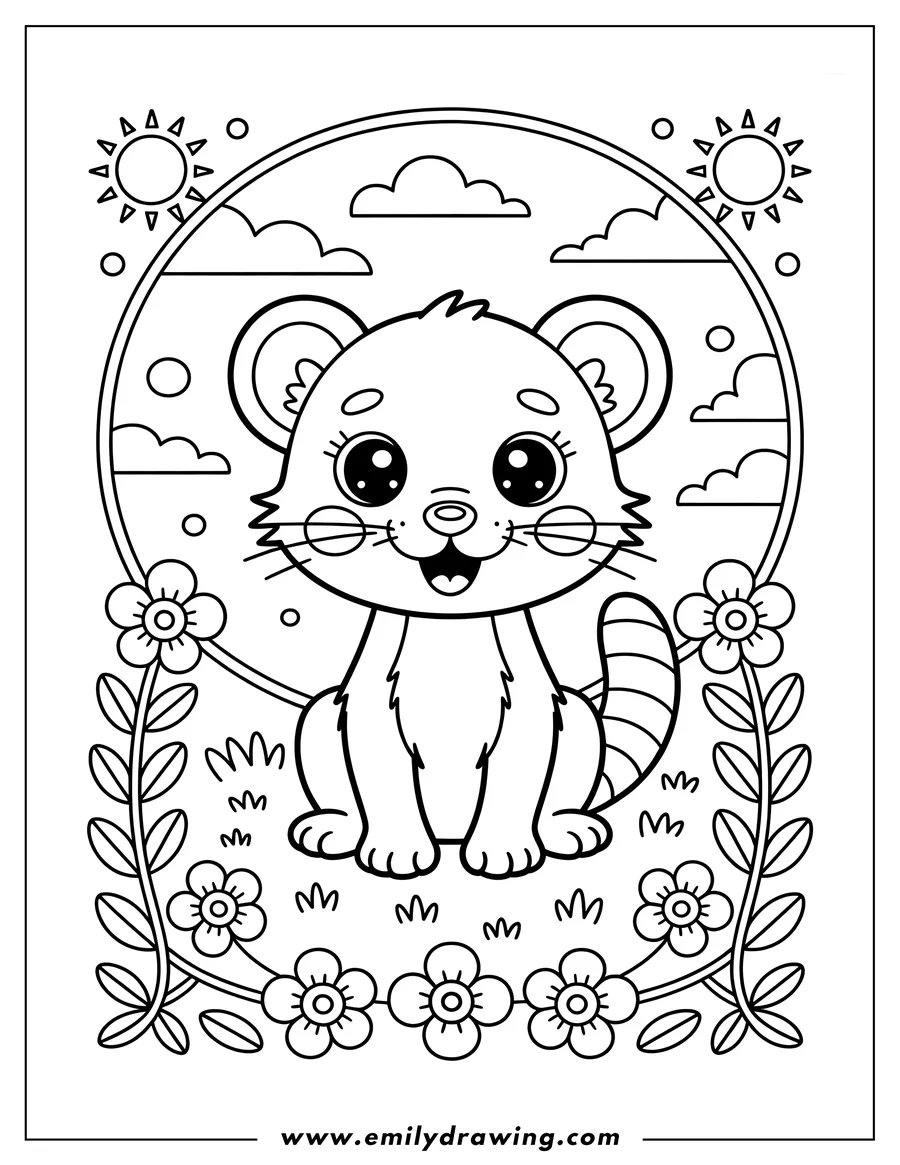 Outline of a cute tiger cub sitting with big eyes and a happy expression. It's surrounded by flowers and underneath a sunny sky with clouds.