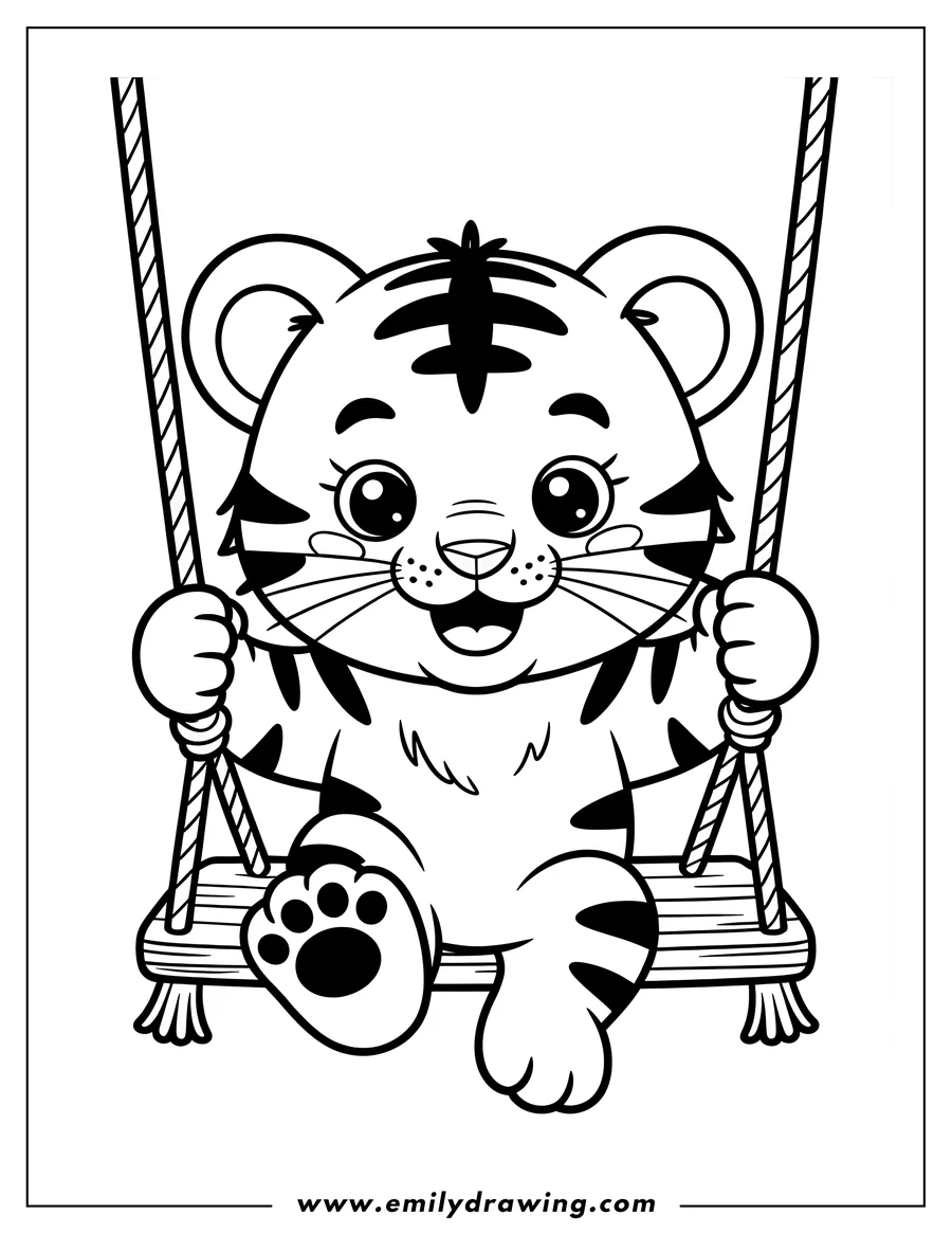Line art of a happy tiger cub sitting and swinging on a swing. It has large paws and stripes.