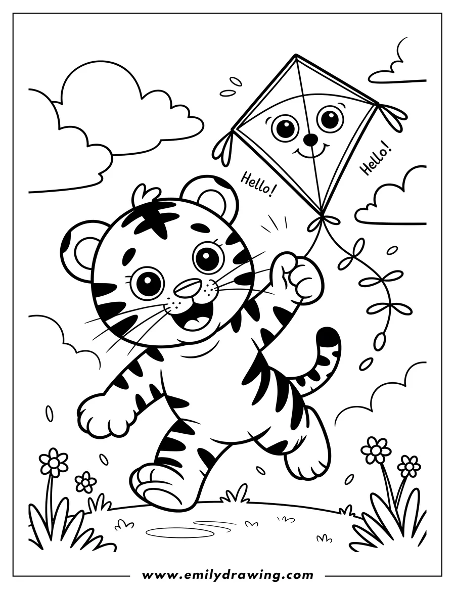 Outline drawing of a tiger happily running with a smiling kite. Flowers dot the grassy field.