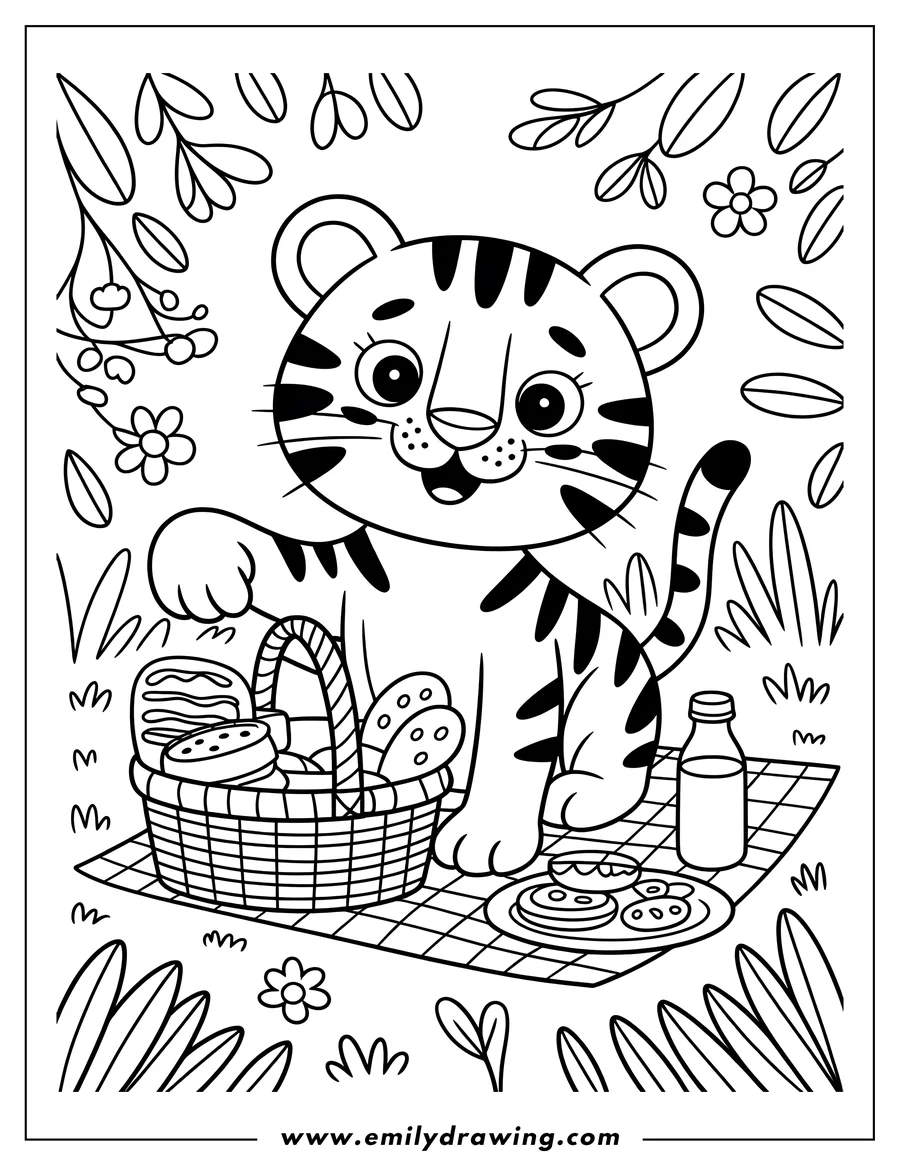 Outline of a cute tiger having a picnic, with a basket of snacks and a drink on a blanket spread on the grass.