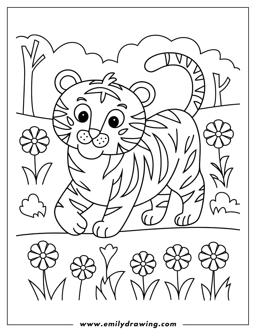 Outline of a young tiger walking in a garden filled with flowers. 