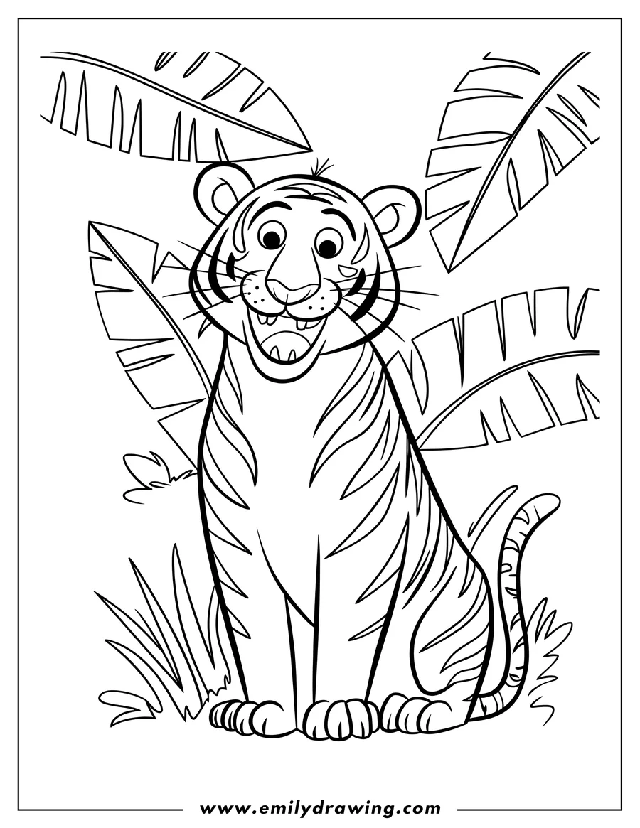 Outline of a friendly tiger sitting in the jungle surrounded by large leaves.