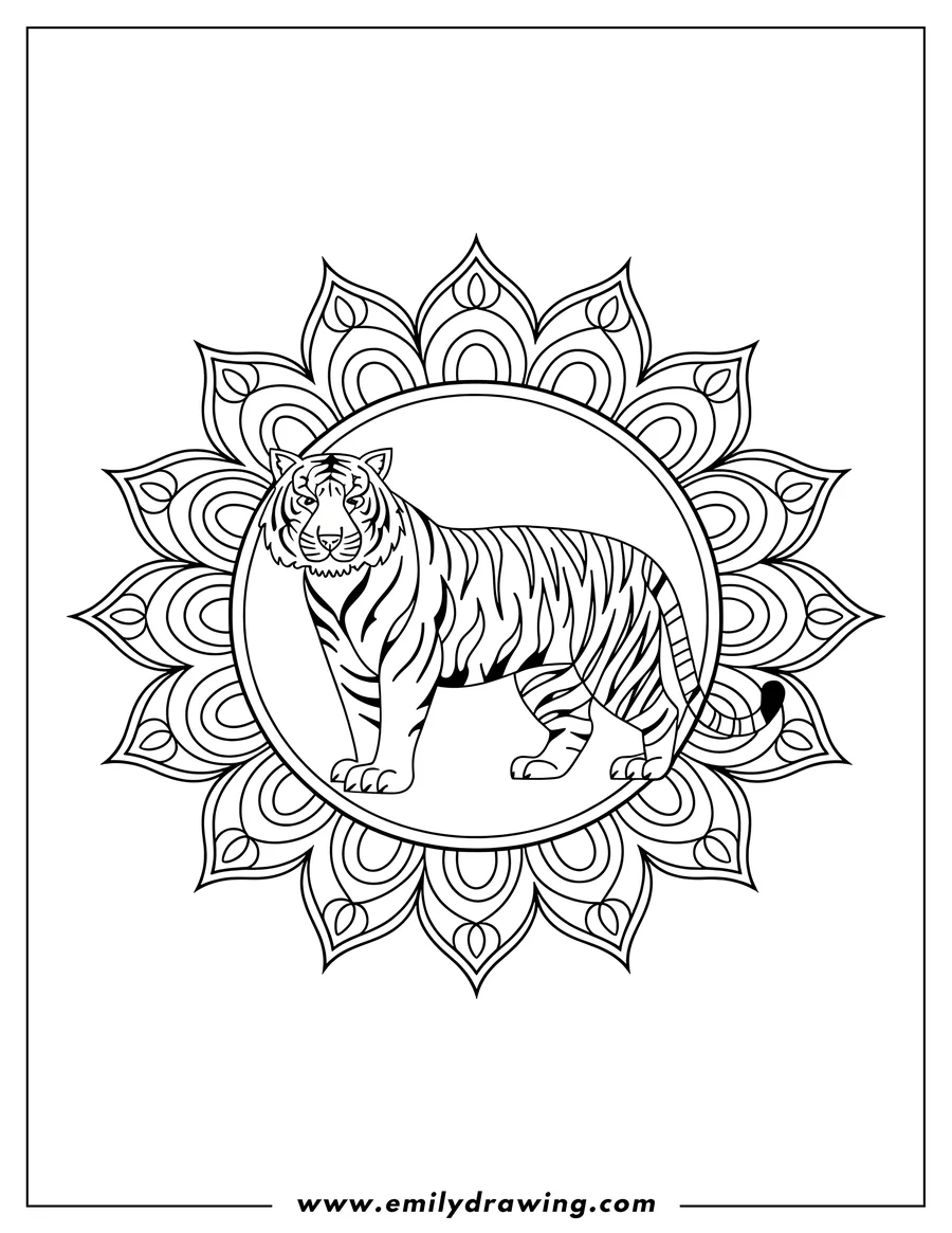 Outline of a tiger standing inside a decorative mandala frame.