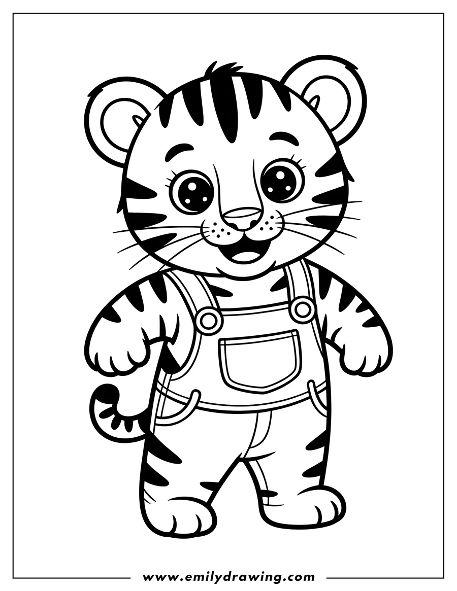Outline of a friendly tiger cub wearing overalls and smiling.