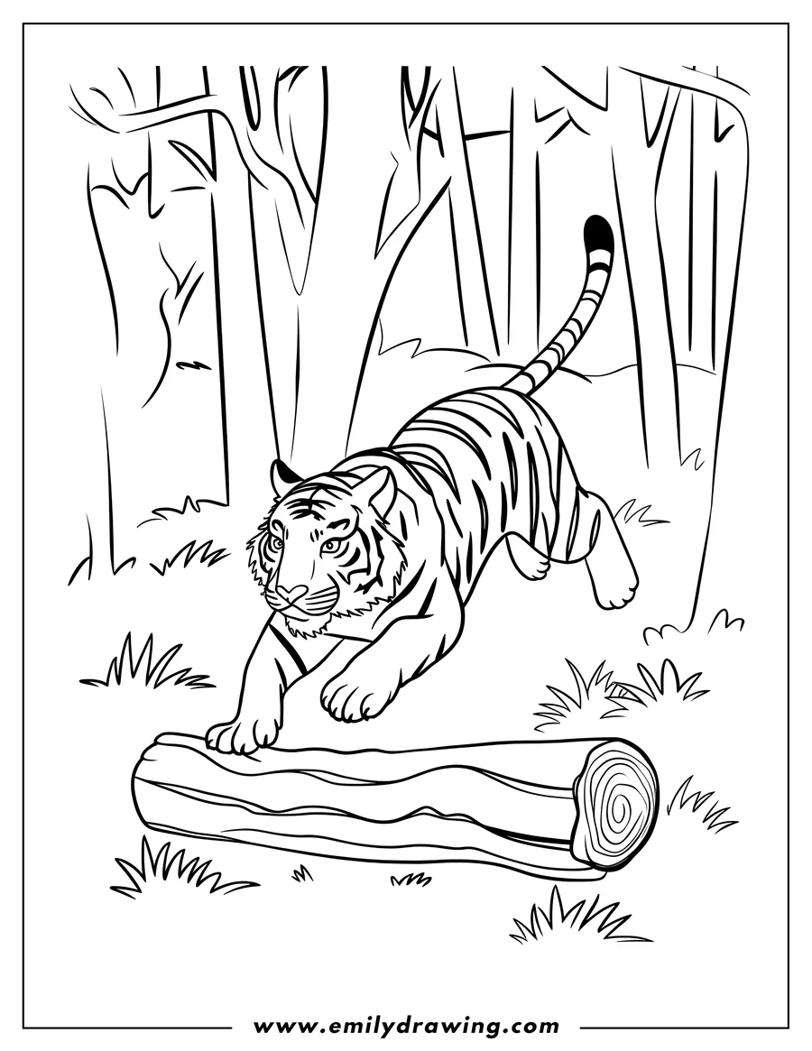 Line art of a tiger jumping over a log in a forest setting.