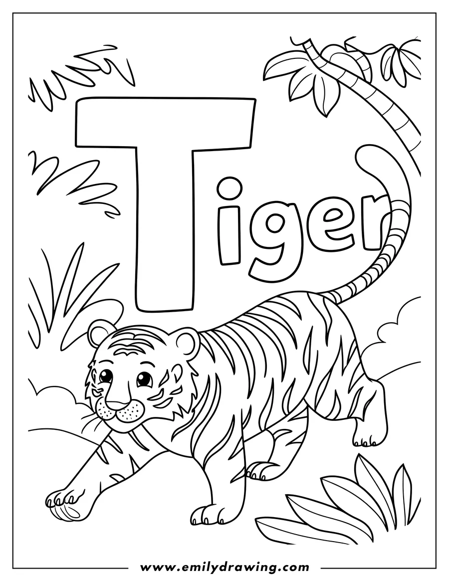Line art of a tiger standing next to the letter T, surrounded by leaves.