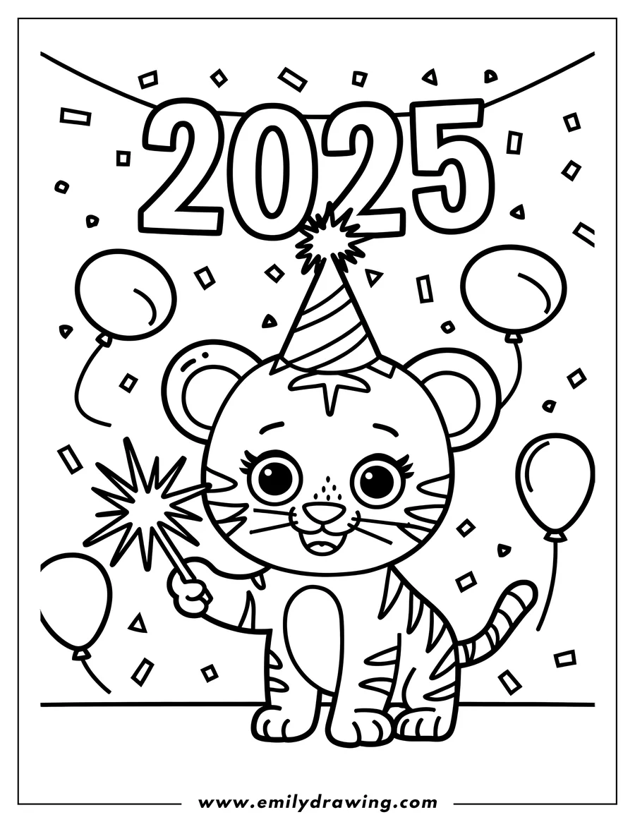 Line art of a tiger cub wearing a party hat and holding a sparkler, celebrating New Year 2025 with balloons and confetti.
