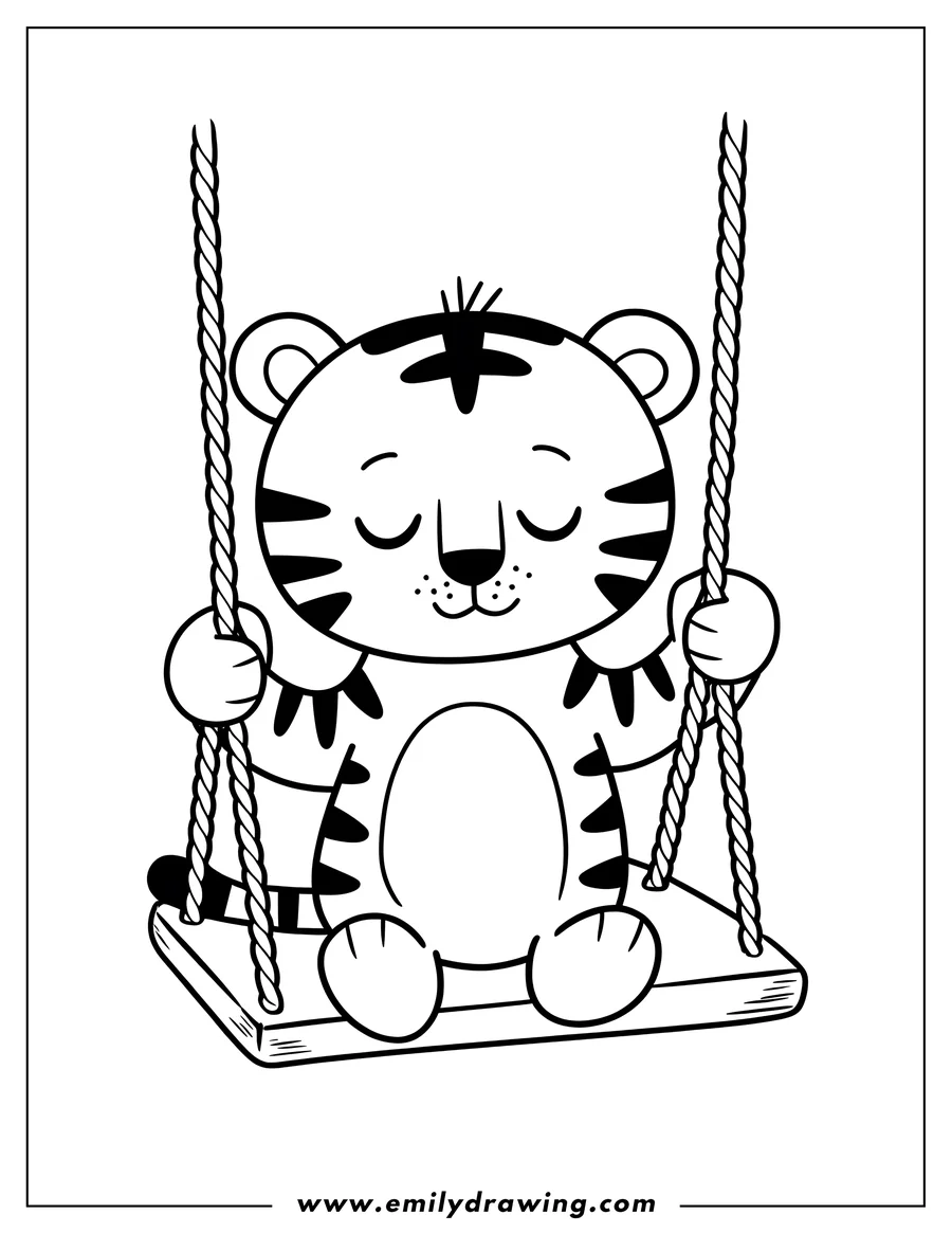 Outline of a tiger sitting on a swing with its eyes closed