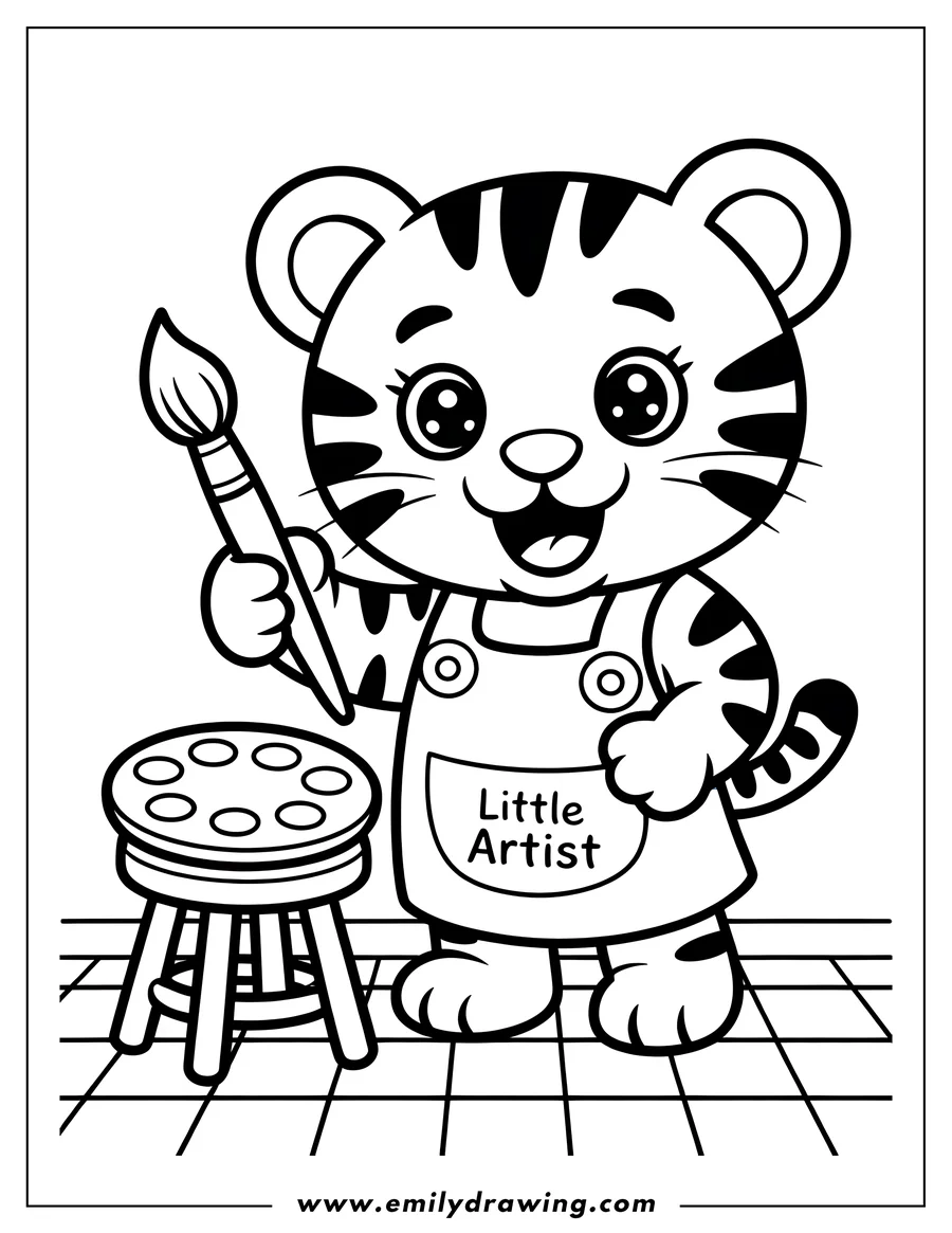 Outline of a cute baby tiger wearing an apron that says 'Little Artist' holding a paintbrush and standing next to a palette and stool