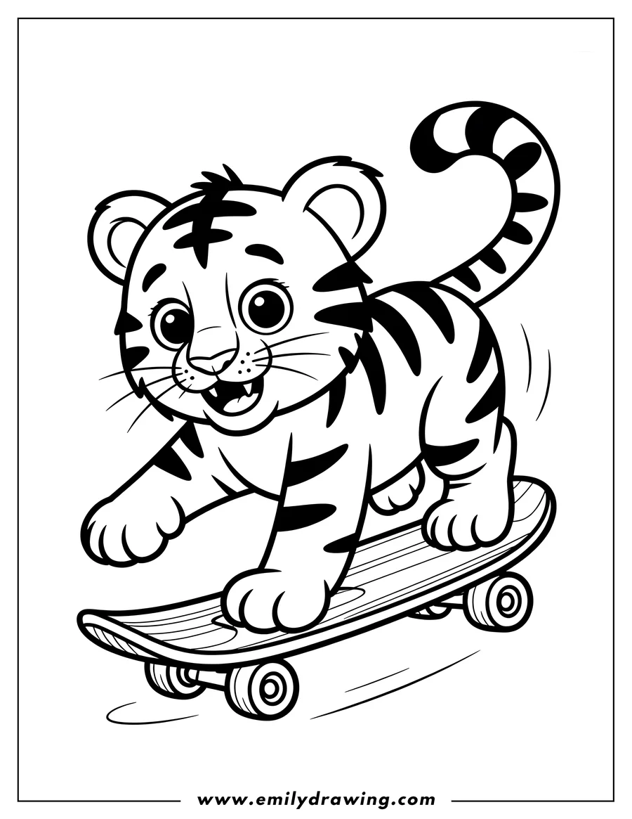 Outline of a tiger cub riding a skateboard. The tiger looks happy with a big smile.