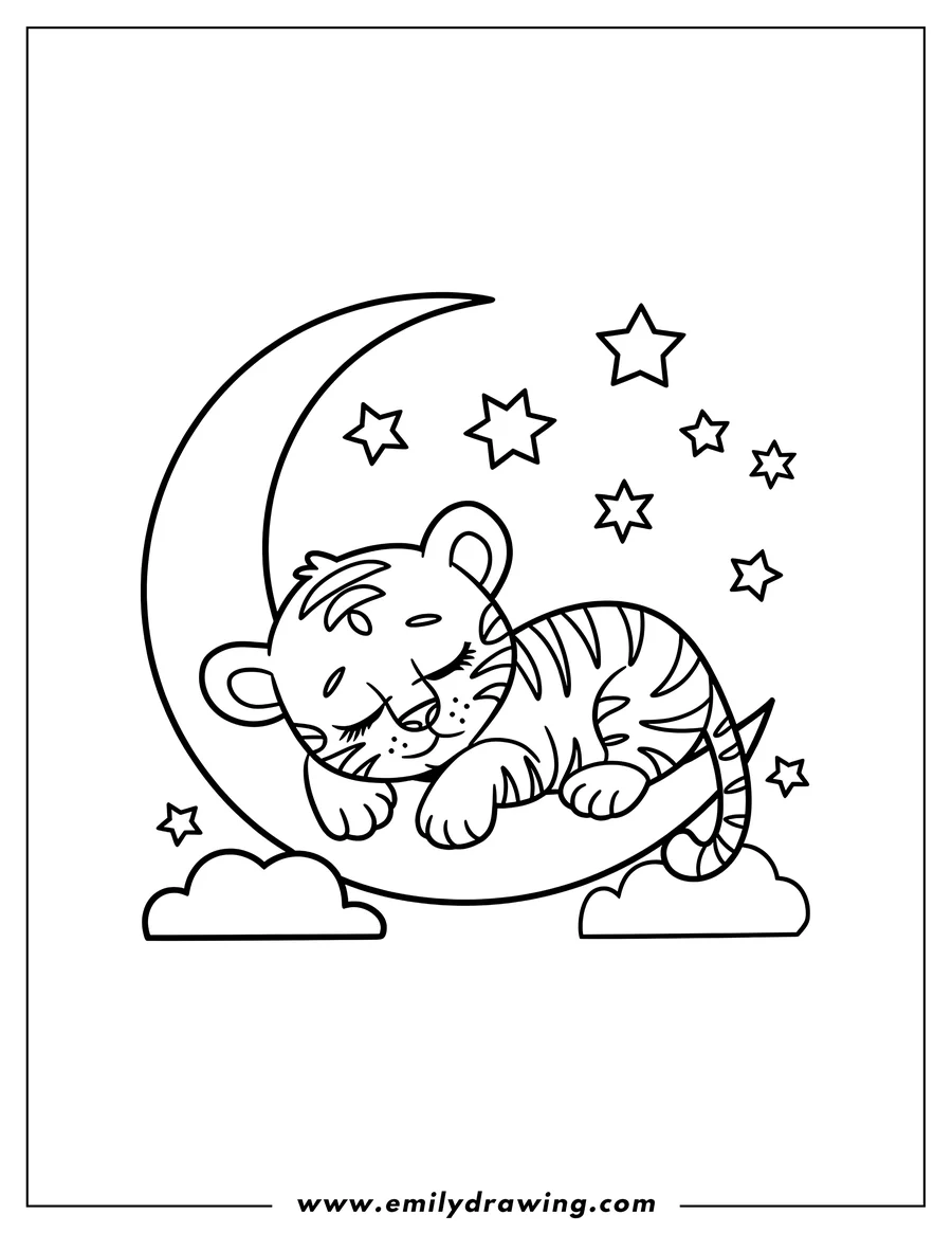 Outline of a baby tiger sleeping soundly on a crescent moon, surrounded by stars and fluffy clouds.