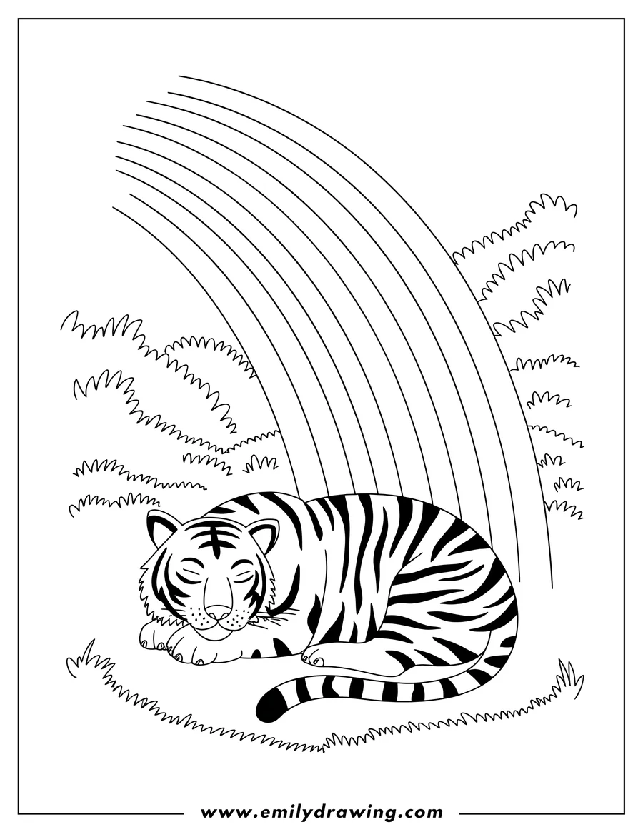 Outline of a tiger sleeping peacefully under a bright rainbow. Grass and plants surround the scene.