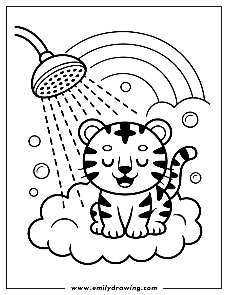 Line art of a tiger cub taking a shower. The tiger sits on a cloud as water falls from a showerhead. A rainbow arcs over the scene.