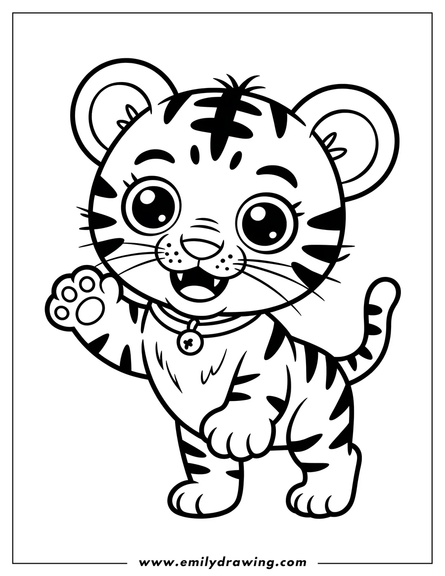 Line art of a friendly tiger cub waving. It's wearing a collar with a button charm.