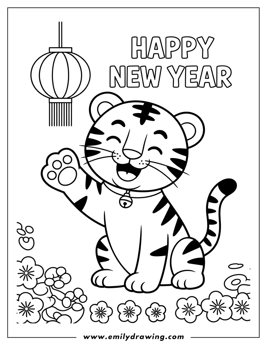 Line art of a cheerful tiger cub waving, wearing a bell, with a 'Happy New Year' banner and blossoms, likely for Lunar New Year celebrations.